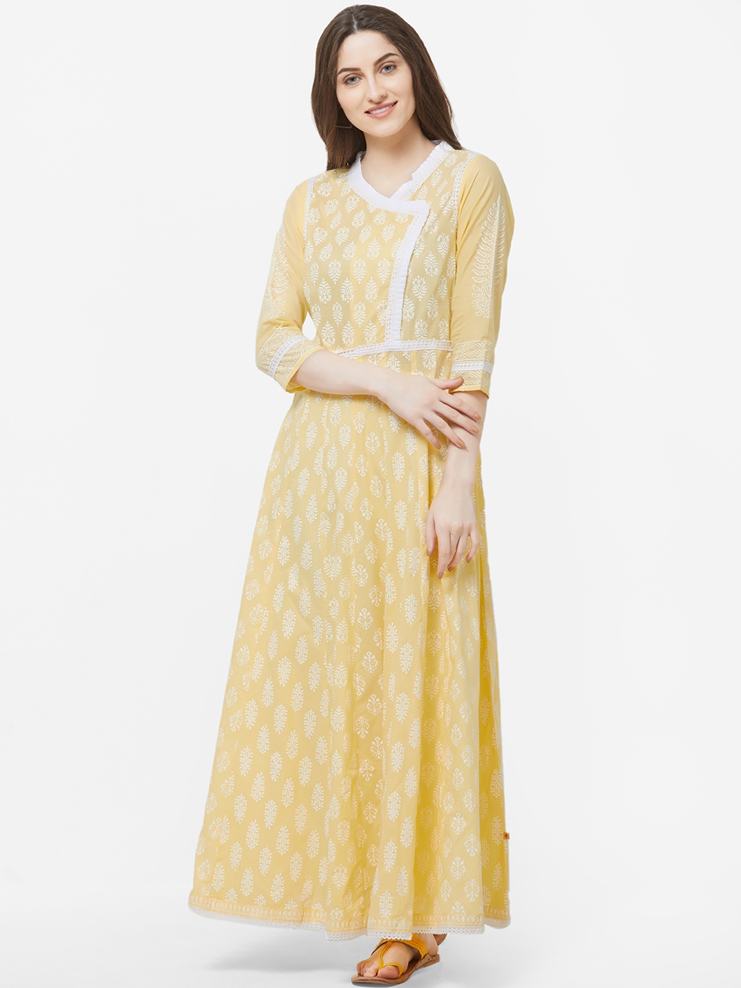 

Vedic Women Yellow & White Printed Anarkali Kurta