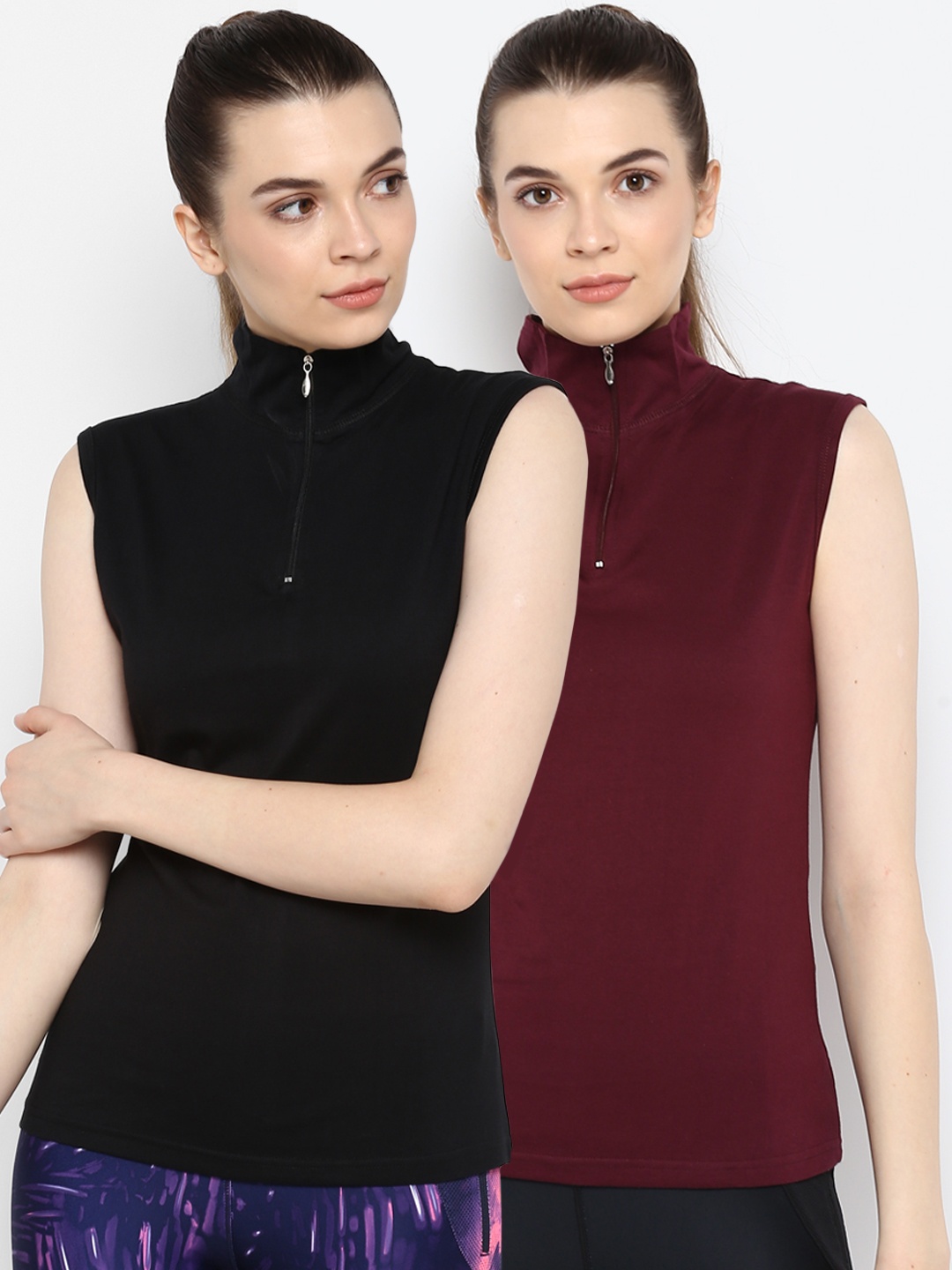appulse Women Pack of 2 Solid High Neck Sleeveless T-shirts, Black