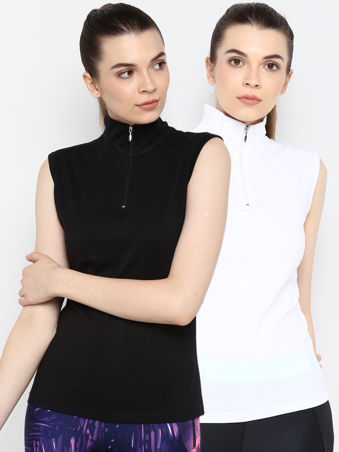 appulse Women Pack of 2 Solid High Neck Sleeveless T-shirts, Black