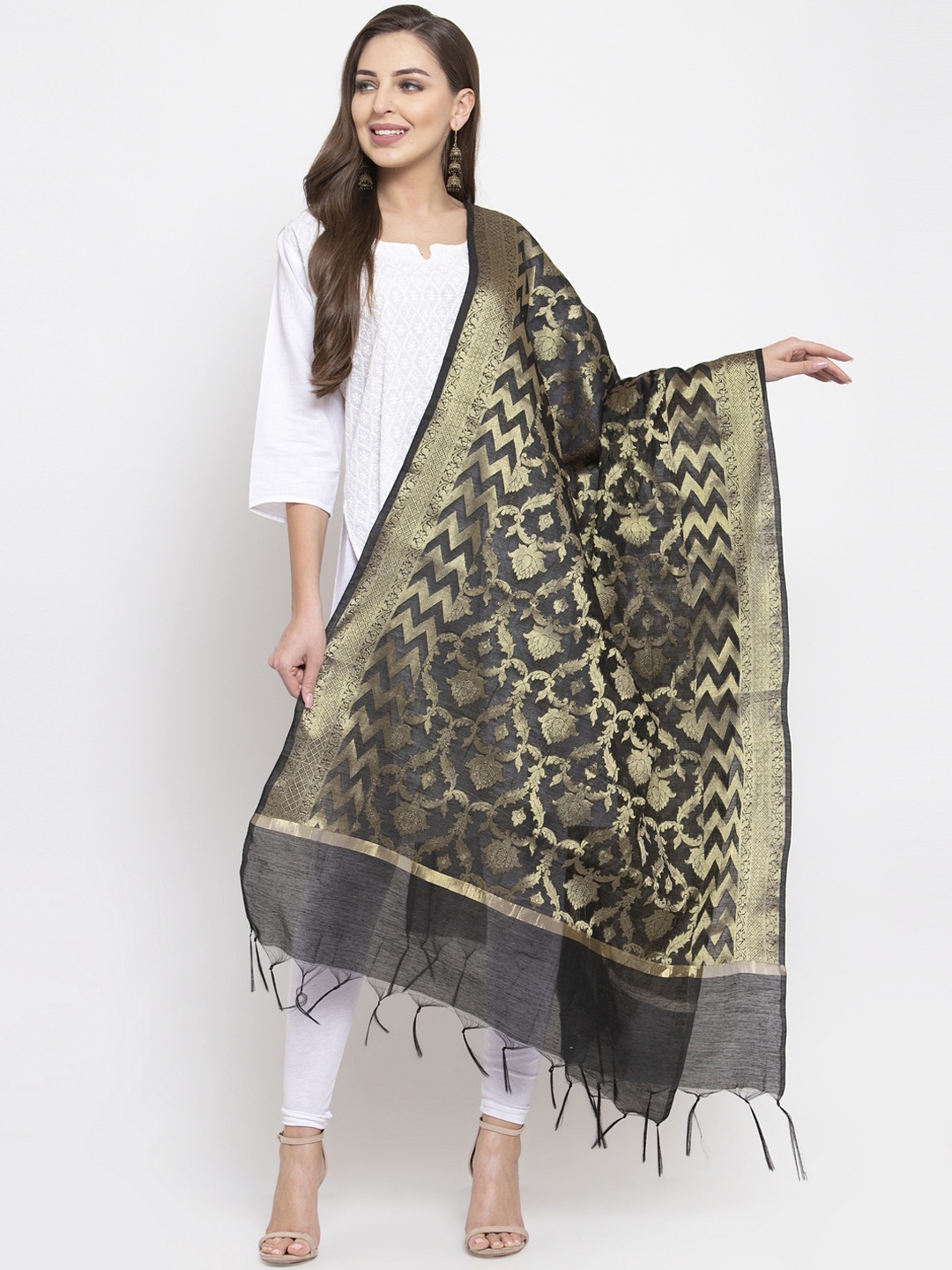 

Aujjessa Black & Gold-Toned Woven Design Dupatta