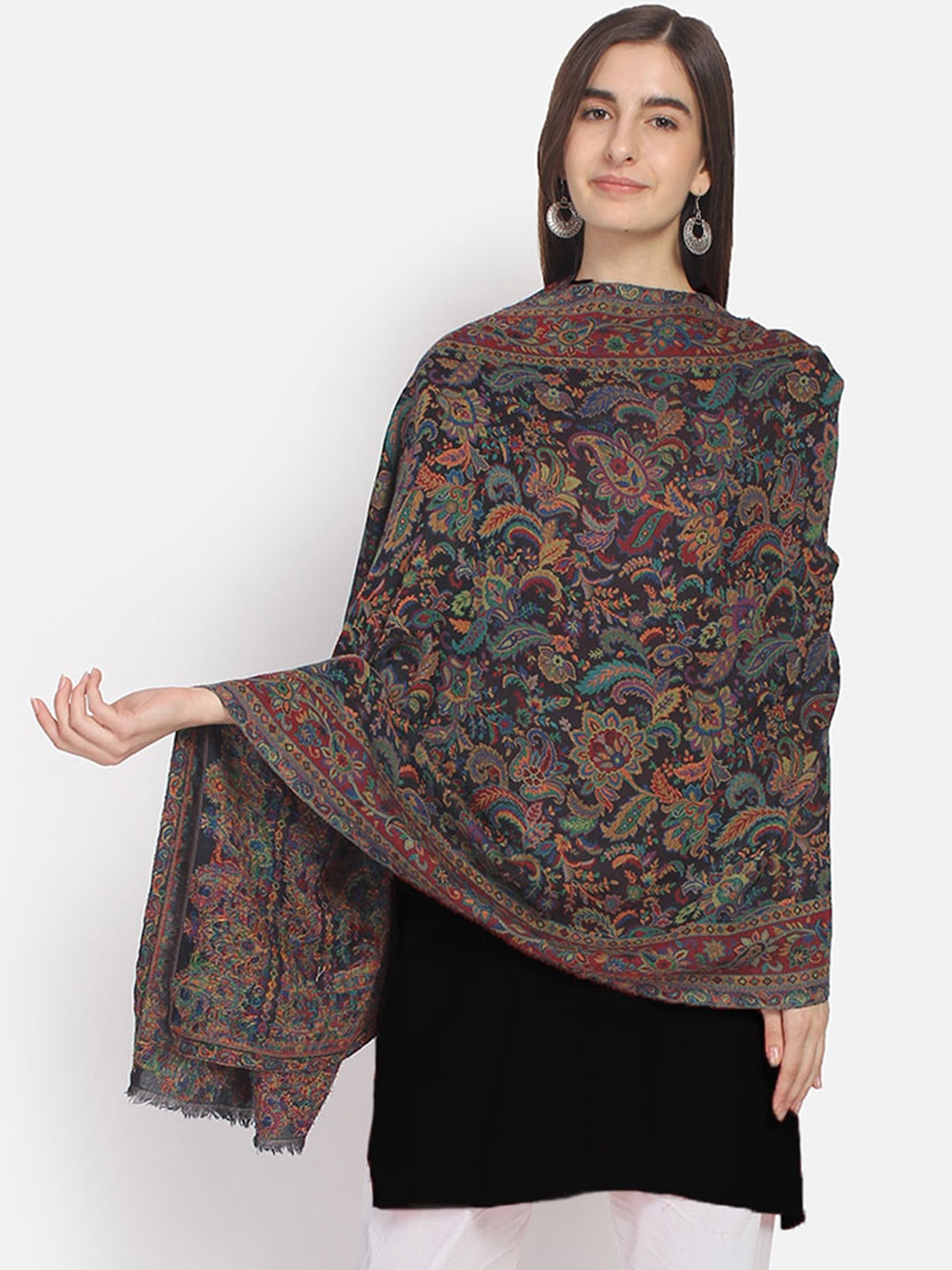 

Anekaant Women Black & Blue Woven Design Paisley Shawl