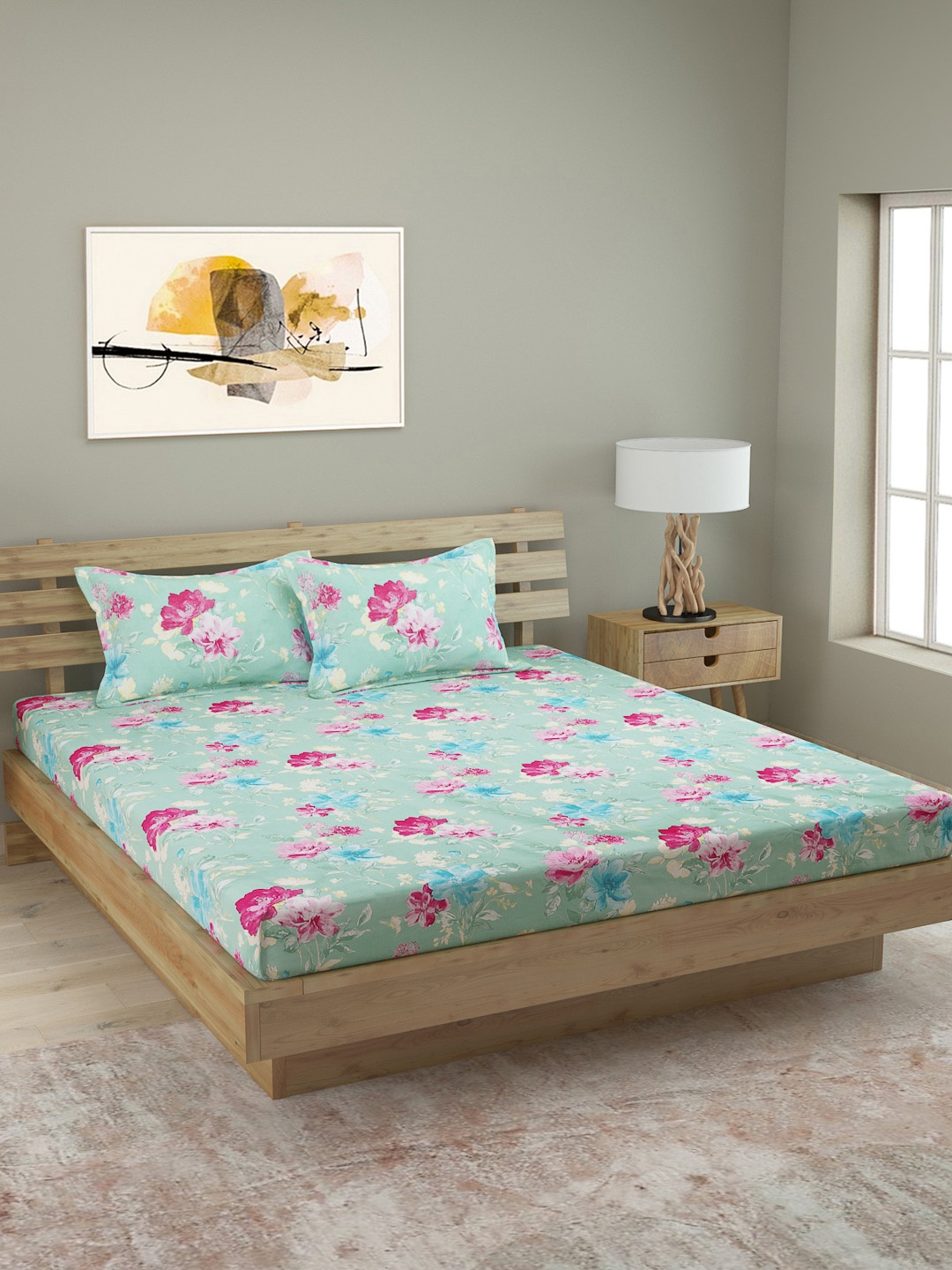 

ROMEE Green & Pink Floral 250 TC Cotton 1 King Bedsheet with 2 Pillow Covers