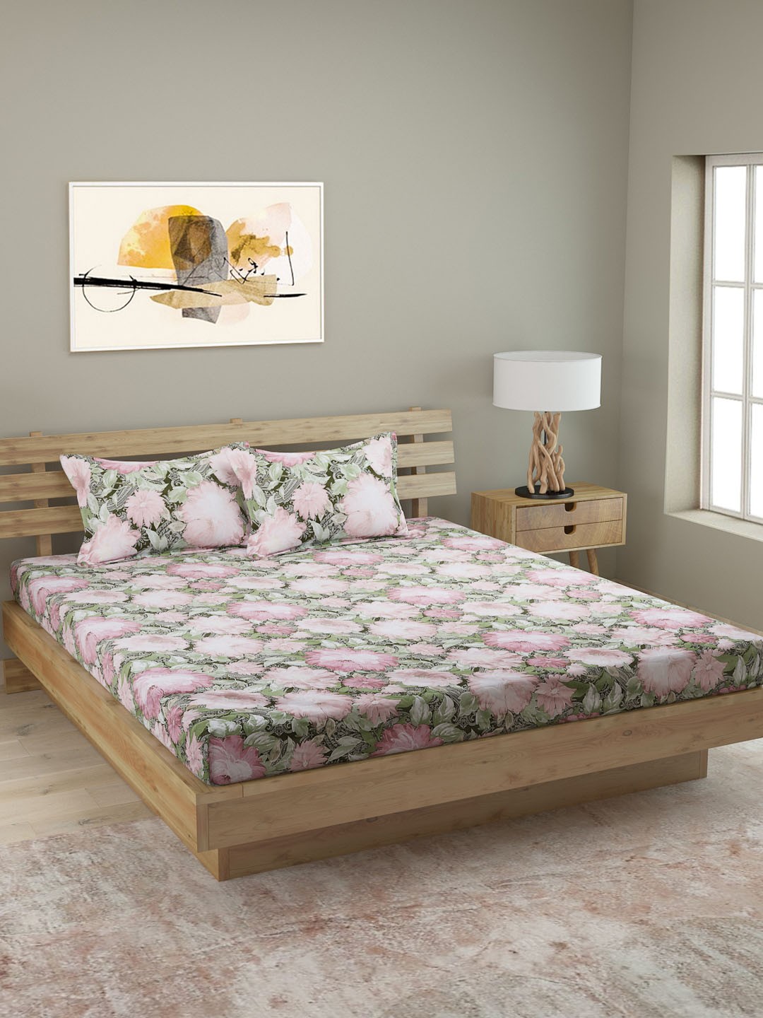 

ROMEE Pink & Green Floral 250 TC Cotton 1 King Bedsheet with 2 Pillow Covers