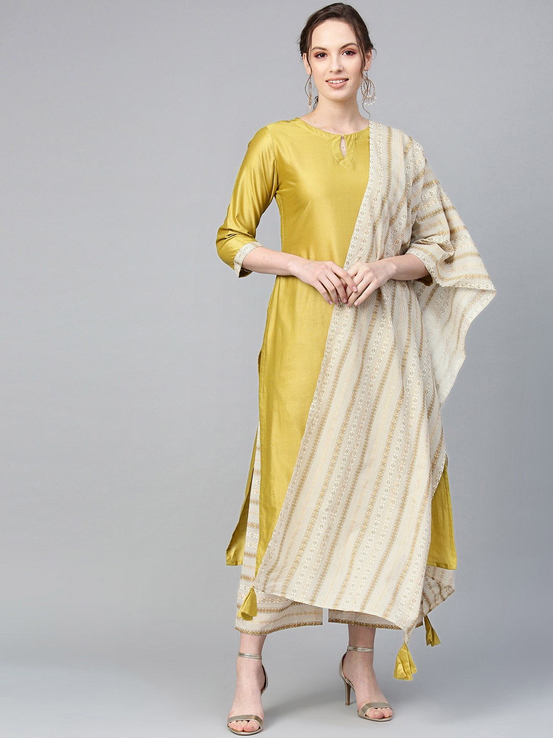 

Indo Era Women Mustard & Beige Printed Kurta with Palazzos & Dupatta