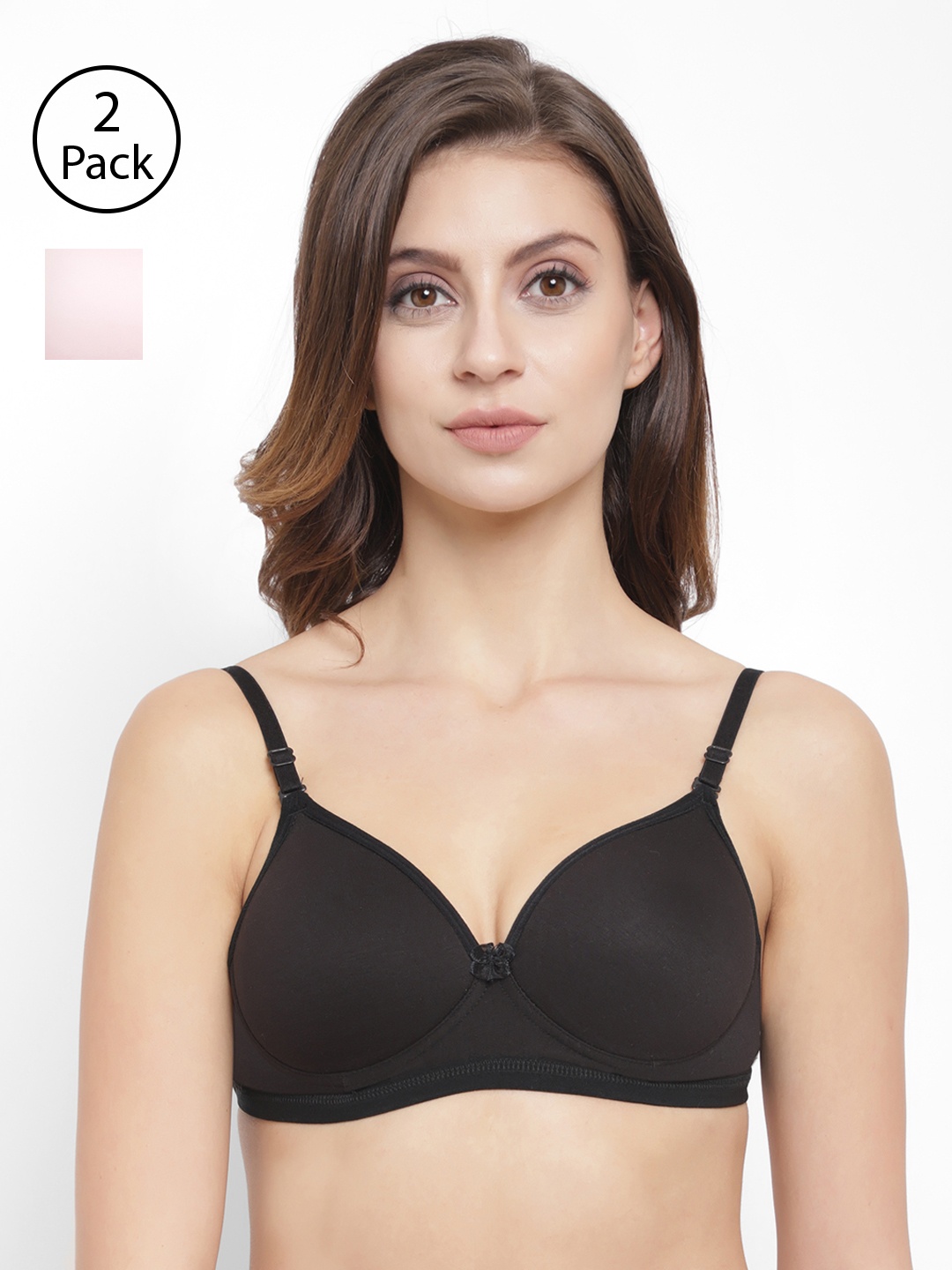 

Floret Pack of 2 Pink & Black Solid Non-Wired Lightly Padded T-shirt Bra