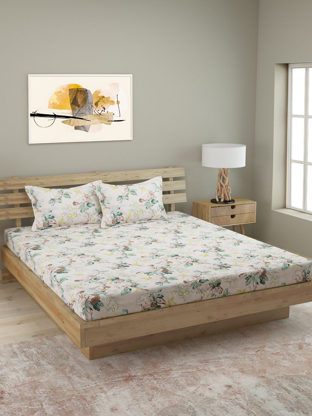 

ROMEE Beige & Brown Floral 250 TC Cotton 1 King Bedsheet with 2 Pillow Covers