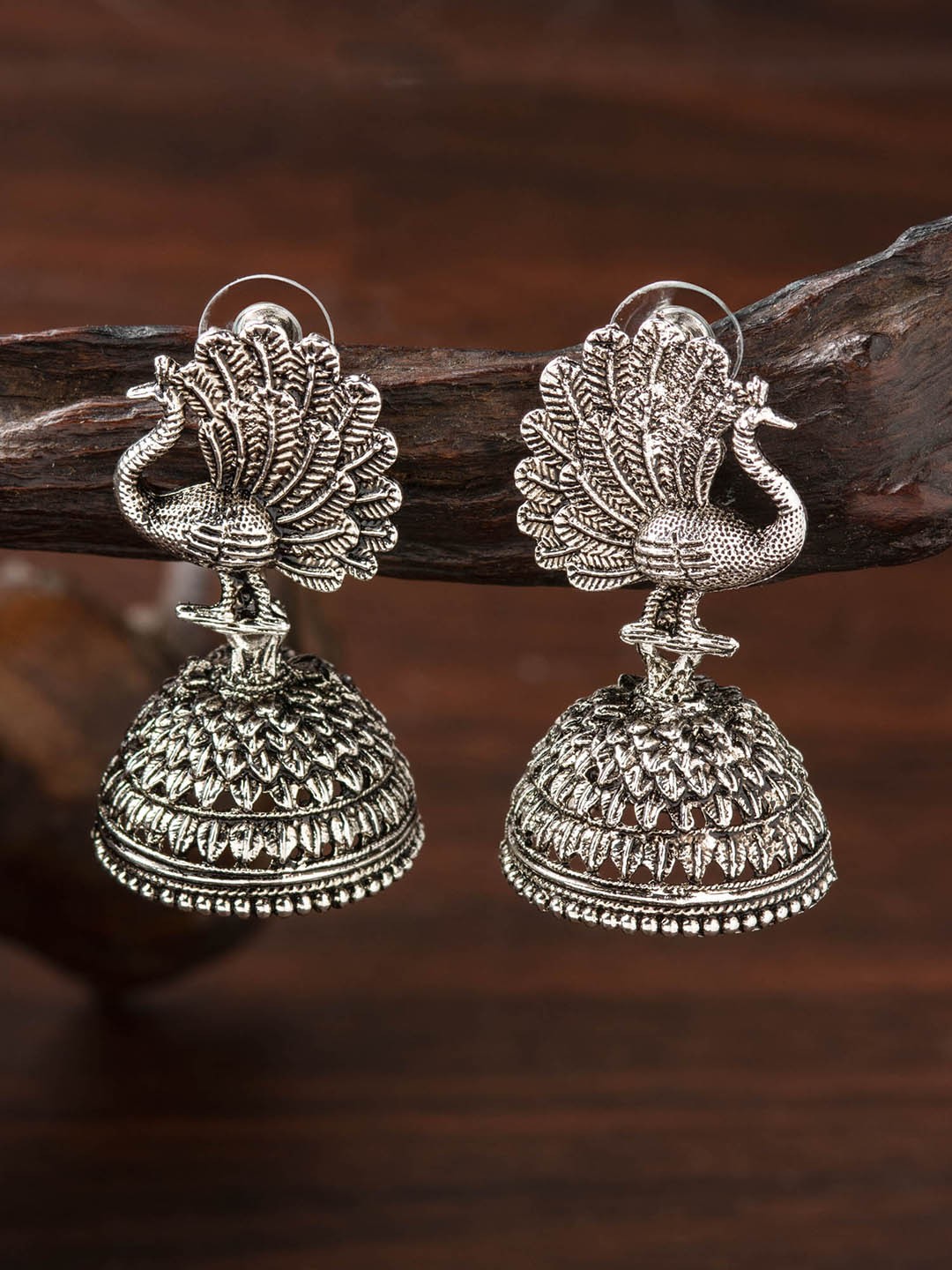 

E2O Silver-Plated Peacock Shaped Jhumkas