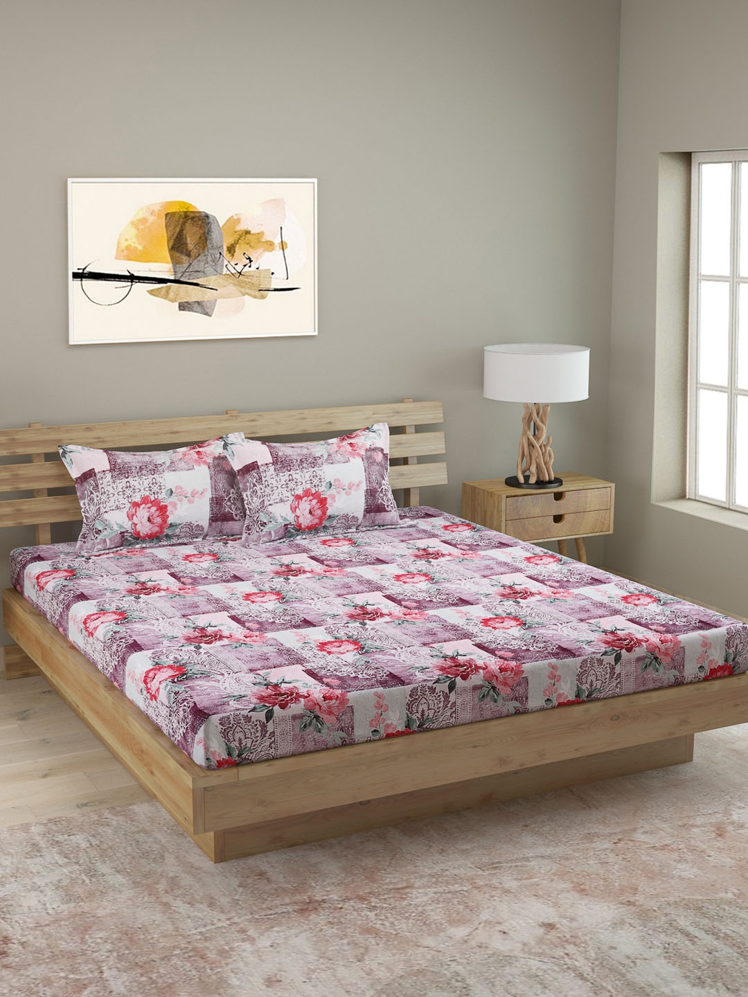 

ROMEE Brown & Pink Floral 250 TC Cotton 1 King Bedsheet with 2 Pillow Covers