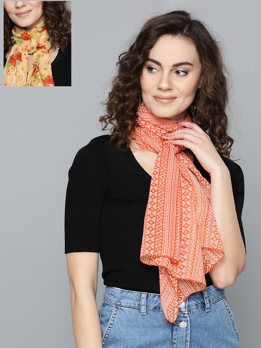 

Trend Arrest Women Pack of 2 Cream-Coloured & Orange Printed Scarf