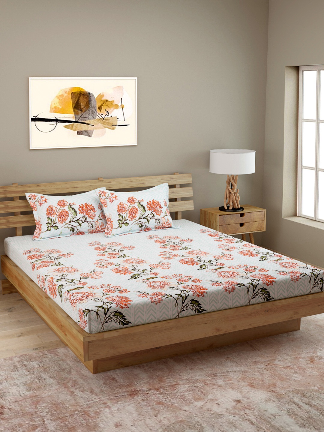 

ROMEE Off-White & Orange Floral 180 TC Cotton 1 King Bedsheet with 2 Pillow Covers