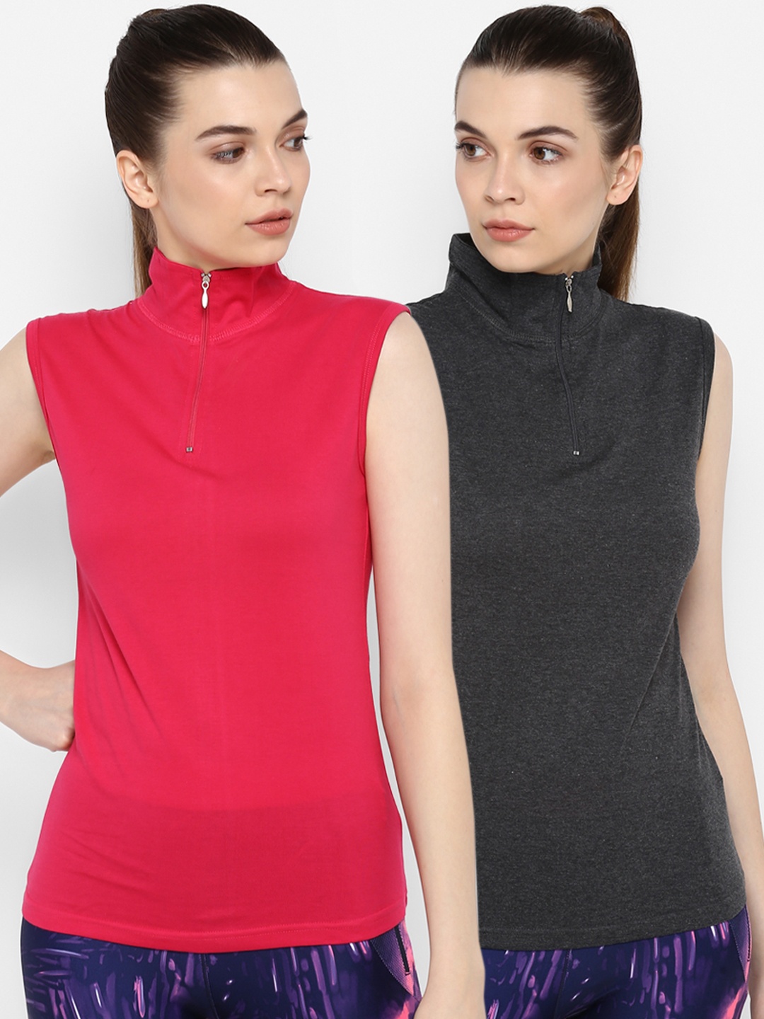 

appulse Women Pack of 2 Solid High Neck Sleeveless T-shirts, Pink