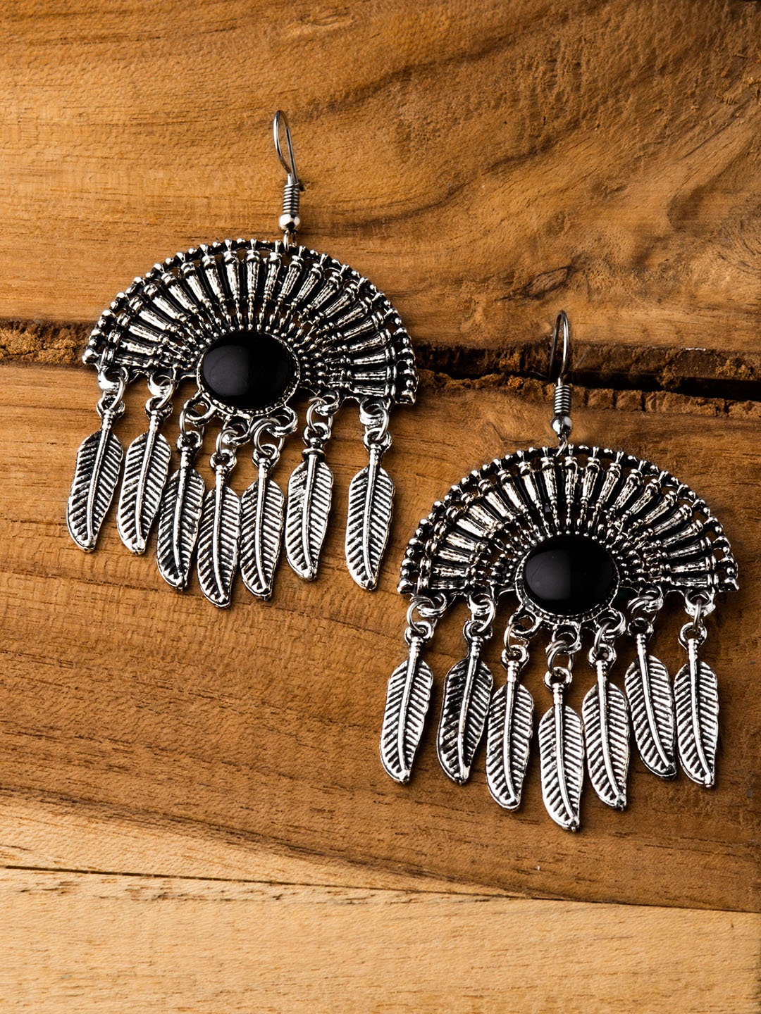 

E2O Oxidised Silver-Plated & Black Quirky Drop Earrings