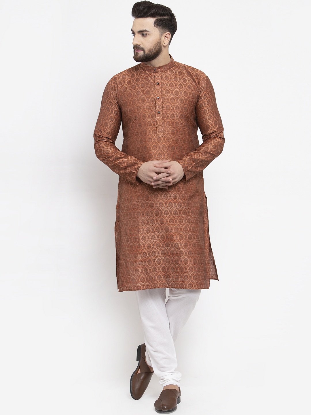 

Jompers Men Brown & White Woven Design Kurta with Churidar