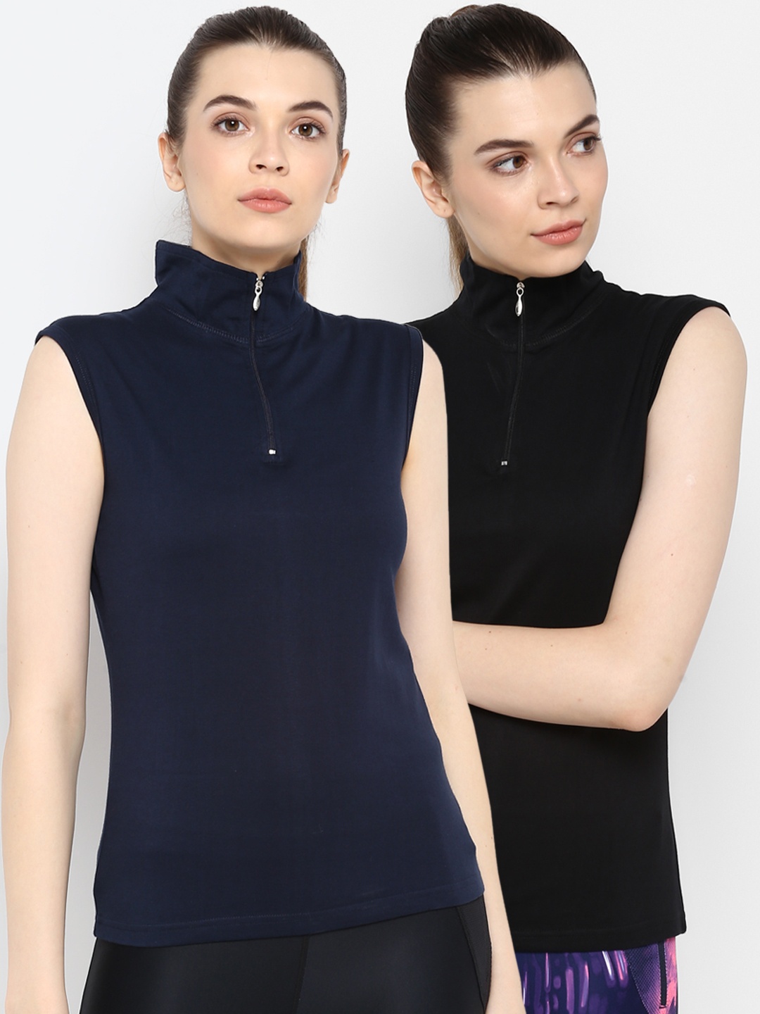 appulse Women Pack of 2 Solid High Neck Sleeveless T-shirts, Black