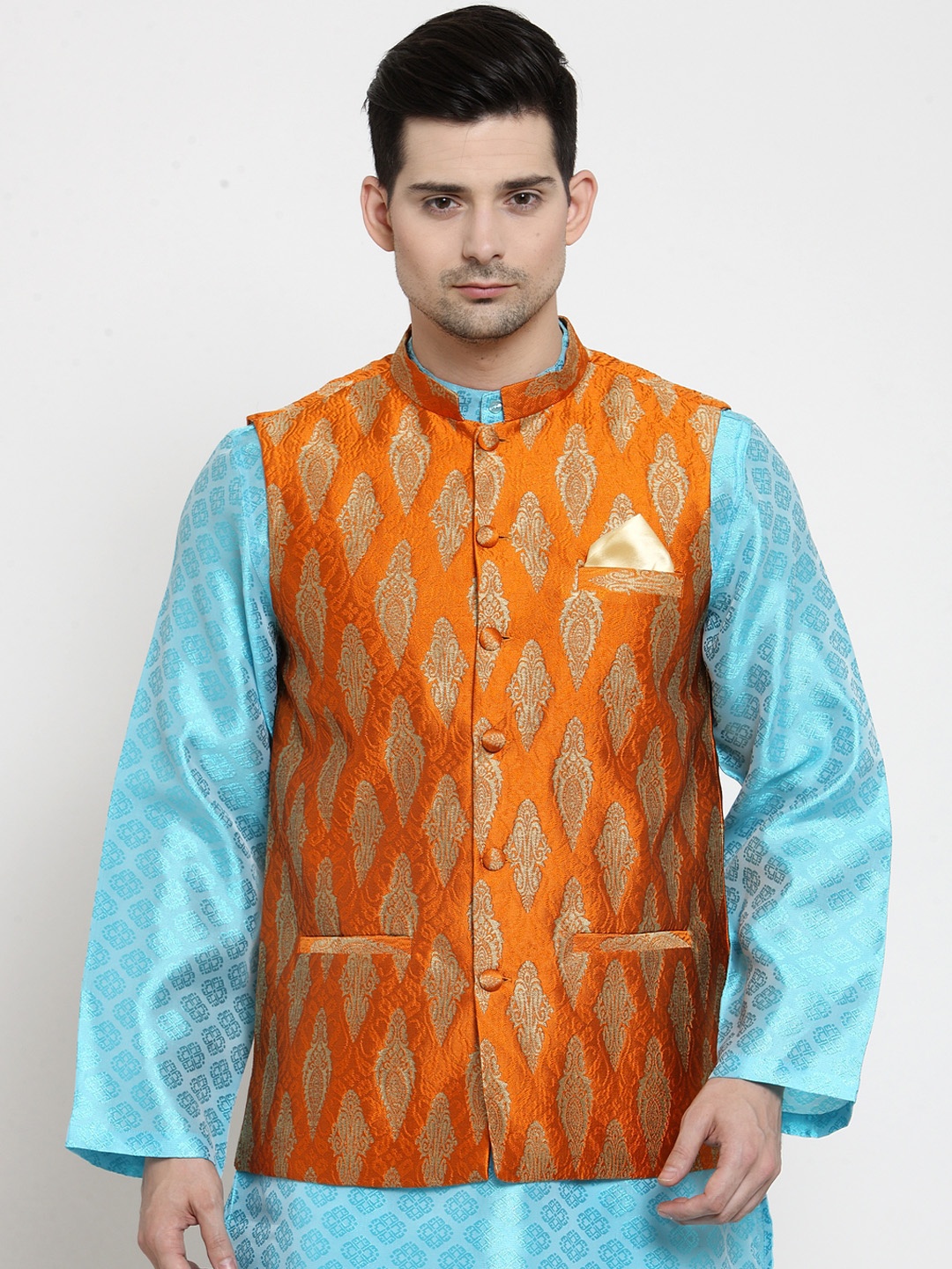 

NEUDIS Men Orange Woven Design Woven Nehru Jacket