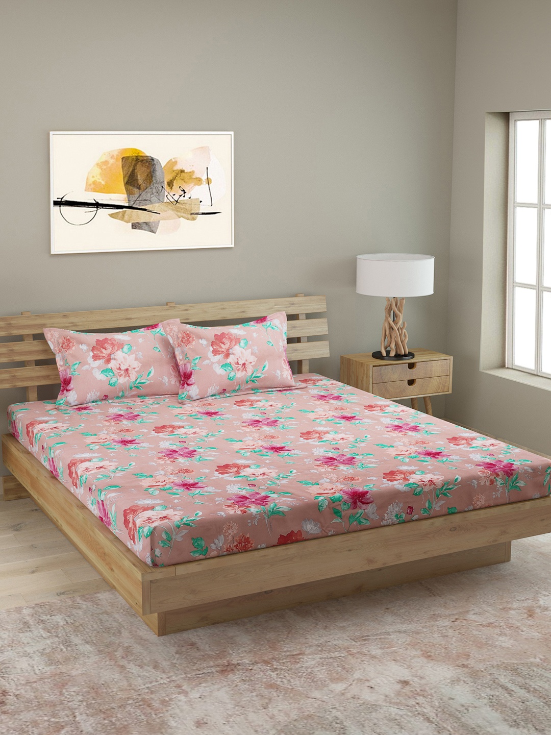 

ROMEE Pink & Green Floral 250 TC Cotton 1 King Bedsheet with 2 Pillow Covers