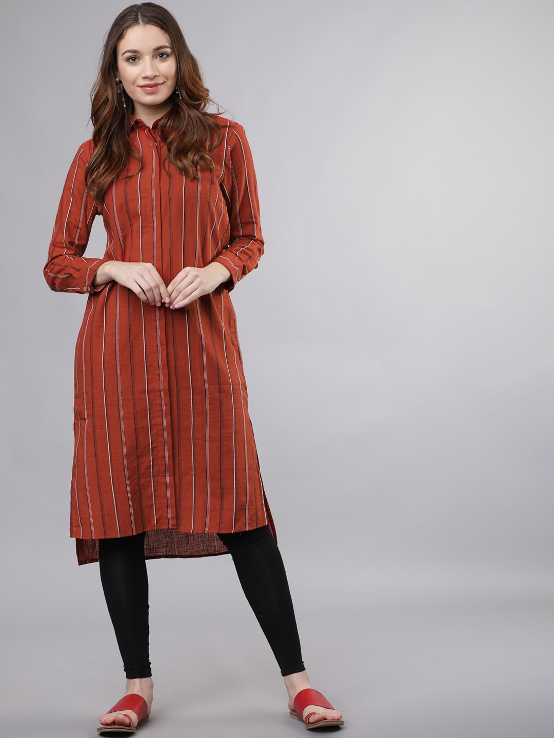 

Vishudh Women Rust & Black Striped Shirt Collar Straight Kurta