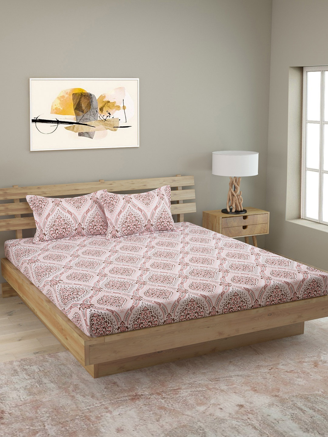 

ROMEE Pink & Brown Ethnic Motifs 180 TC Cotton 1 King Bedsheet with 2 Pillow Covers