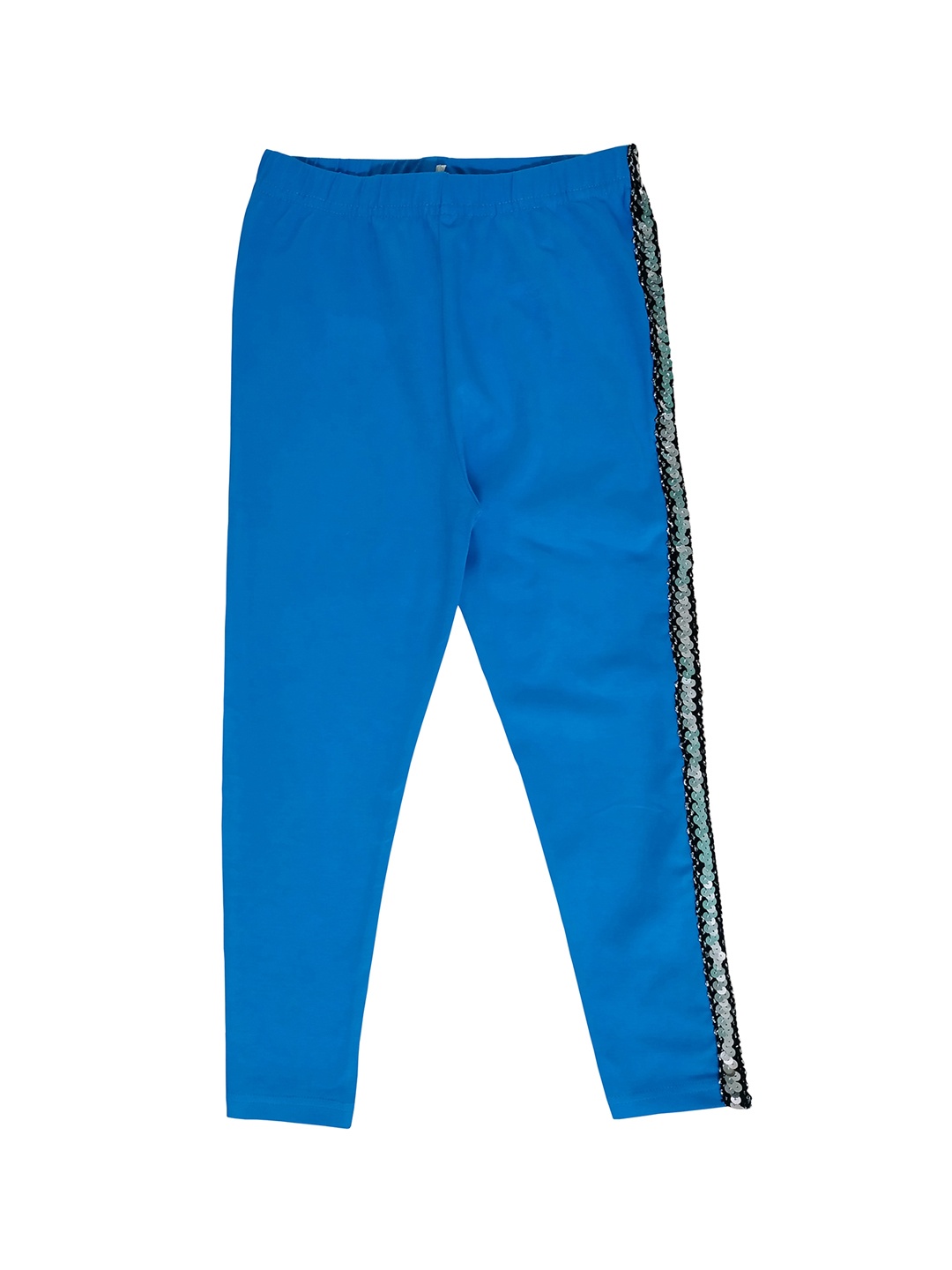

KiddoPanti Girls Blue Solid Ankle-Length Leggings With Side Sequence Tape