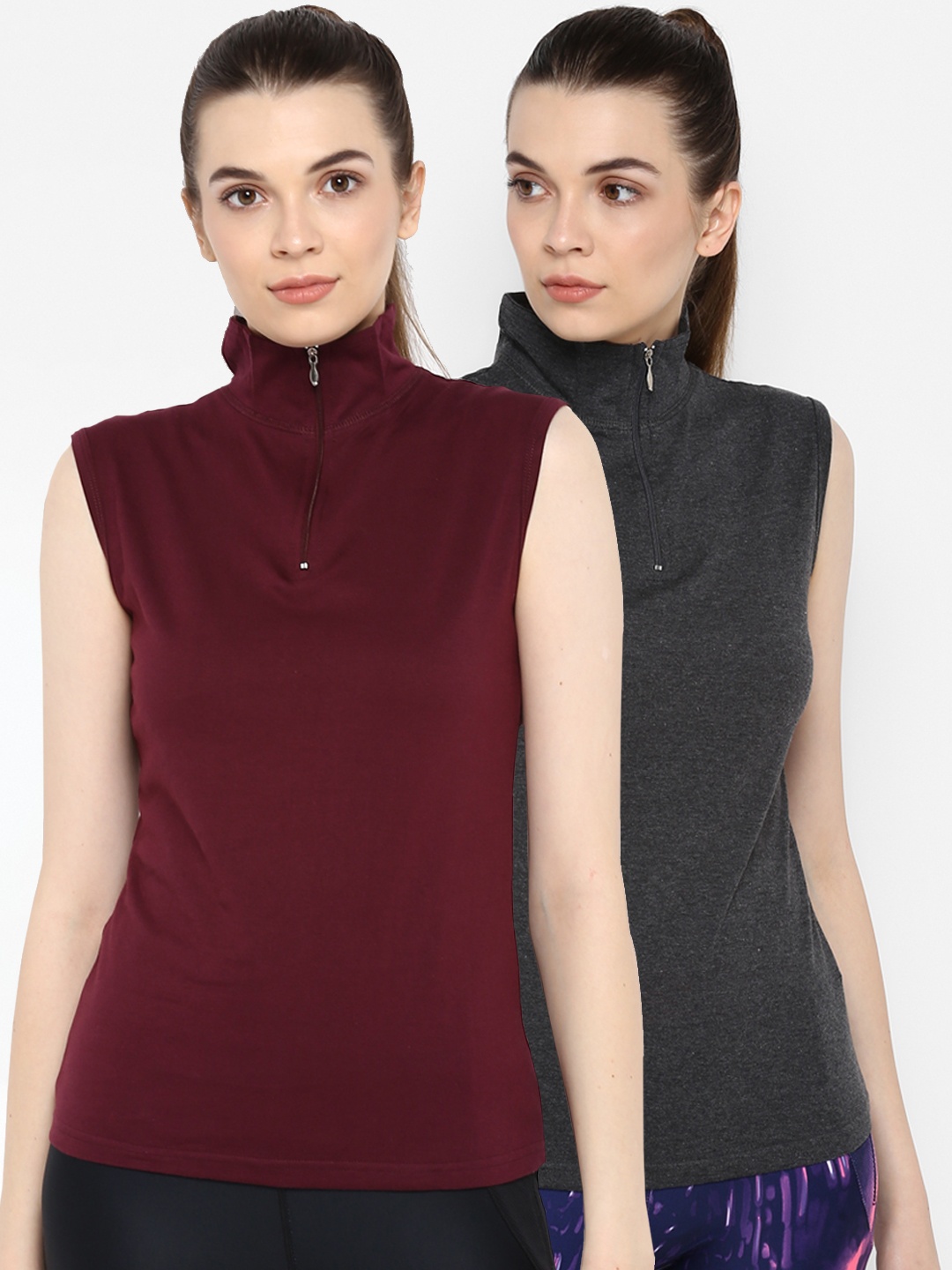 

appulse Women Pack of 2 Solid Mock Neck Slim Fit T-shirts, Grey
