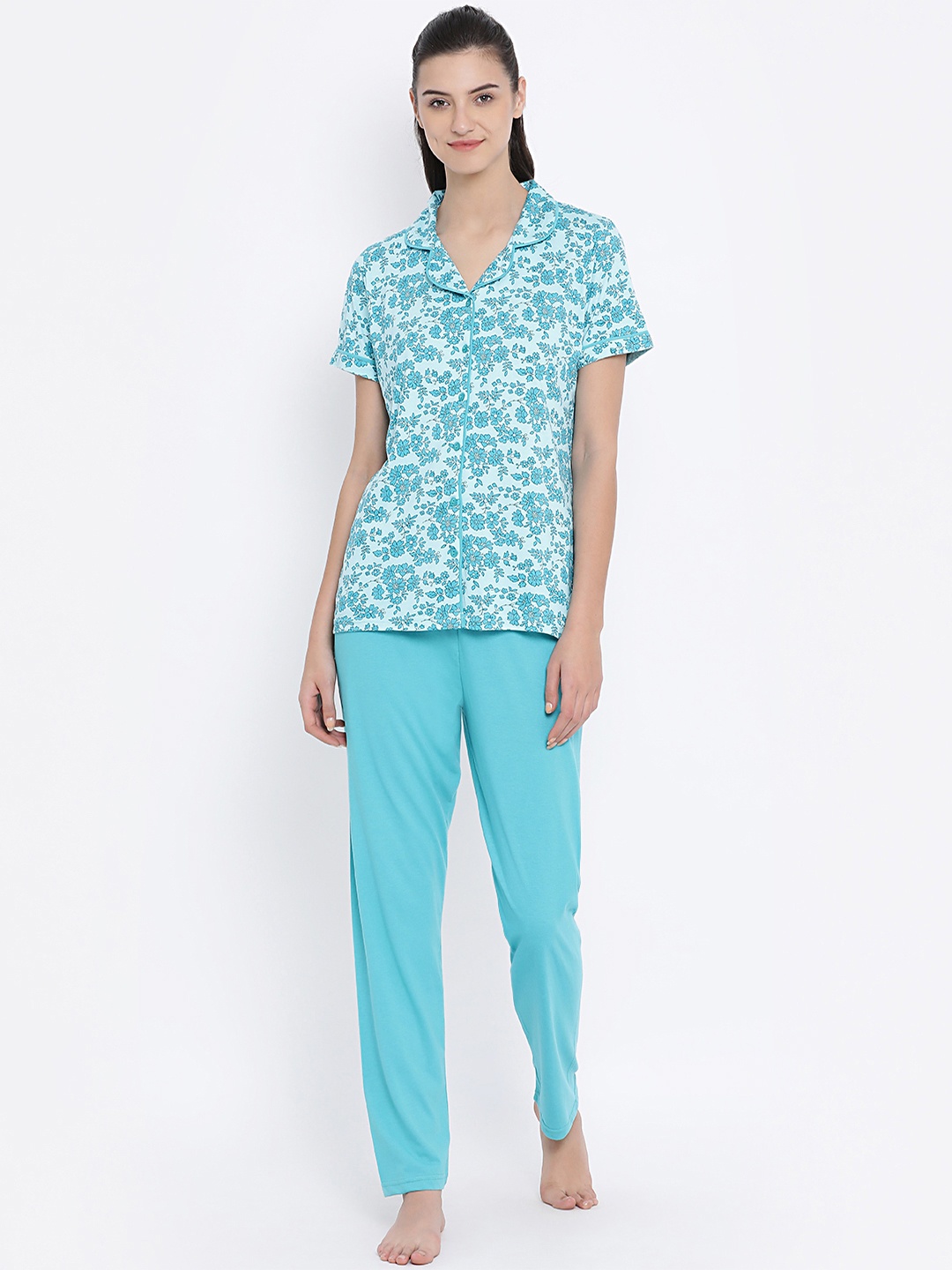 Kanvin Women Turquoise Blue Printed Night suit