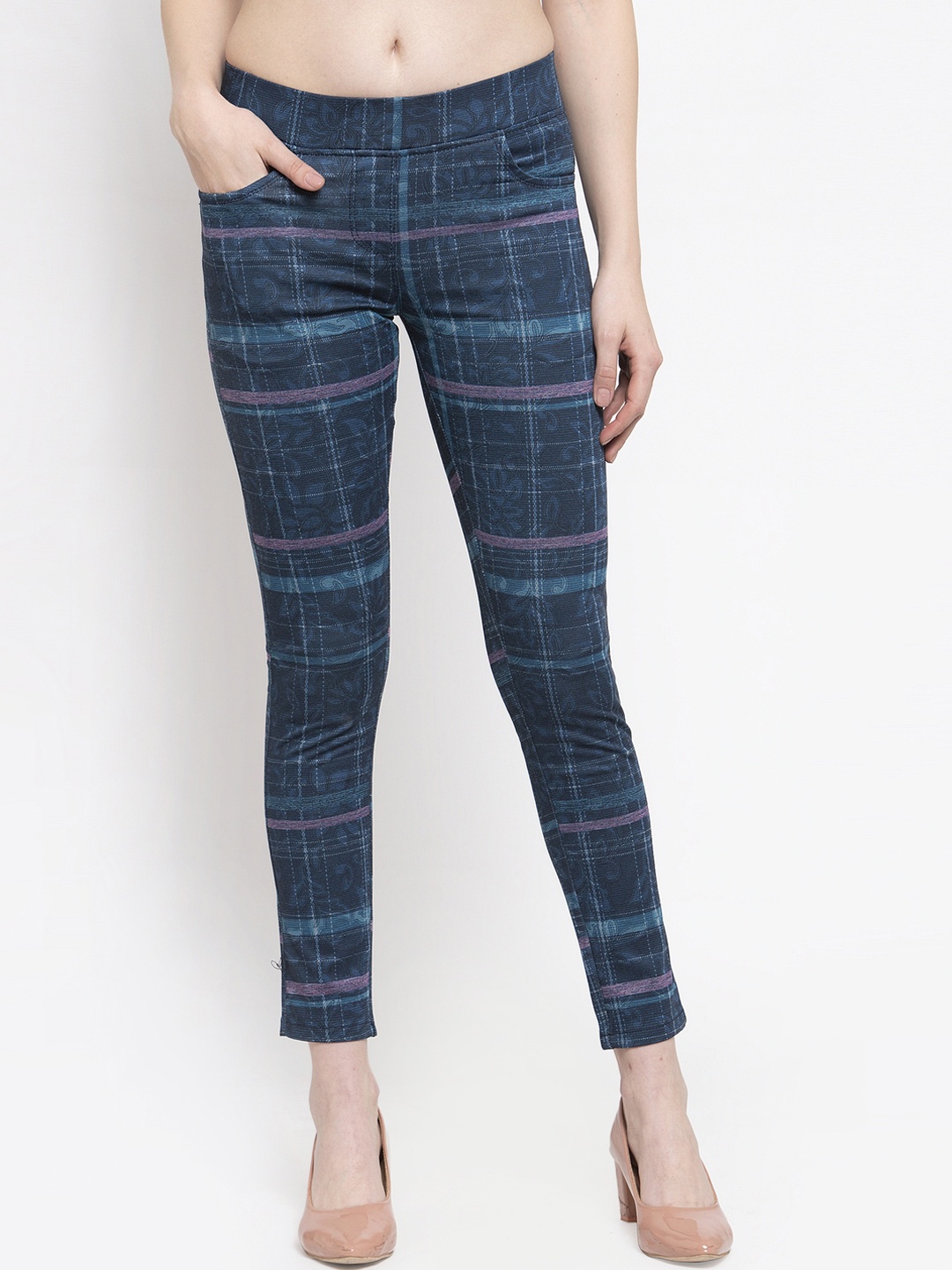 

Westwood Women Blue Checked Slim-Fit Treggings