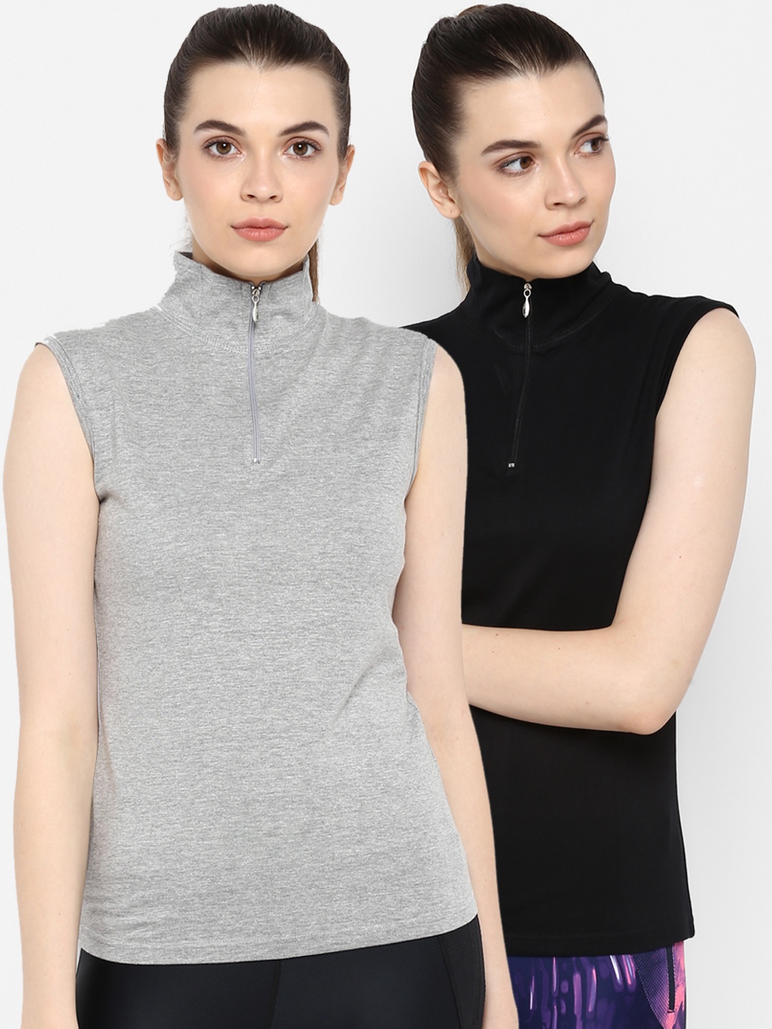 appulse Women Pack of 2 Solid High Neck Sleeveless T-shirts, Black