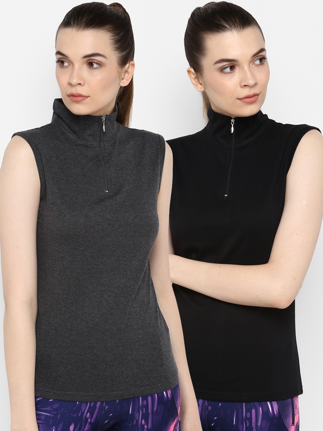 appulse Women Pack of 2 Solid High Neck Sleeveless T-shirts, Black