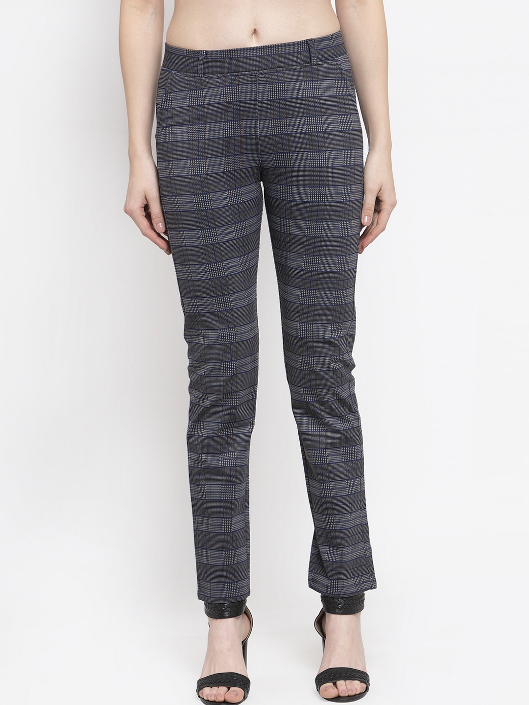 Westwood Women Grey & Blue Checked Slim-Fit Treggings