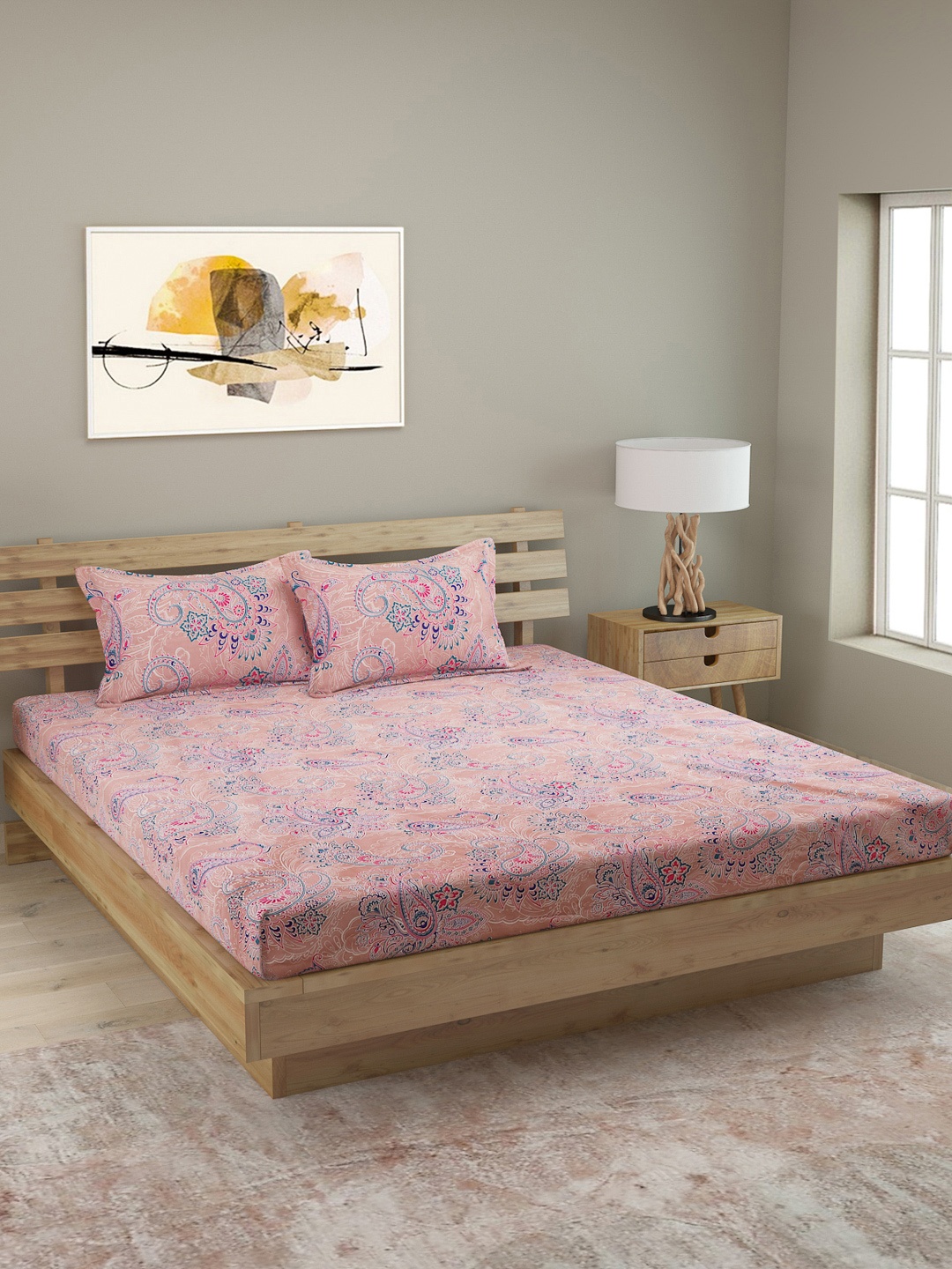 

ROMEE Pink & Blue Ethnic Motifs 250 TC Cotton 1 King Bedsheet with 2 Pillow Covers