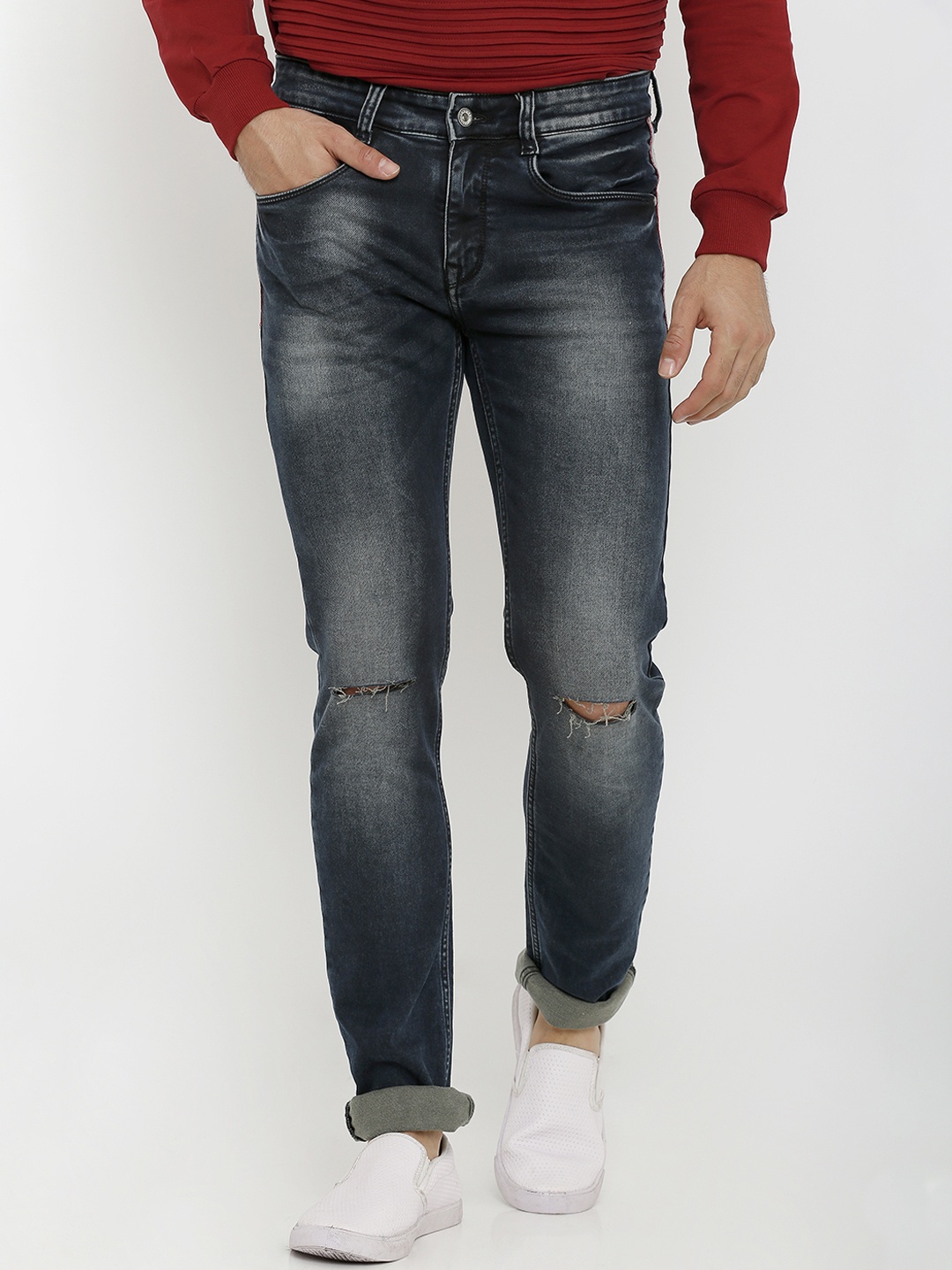 

Rex Straut Jeans Men Black Tapered Fit Mid-Rise Slash Knee Jeans