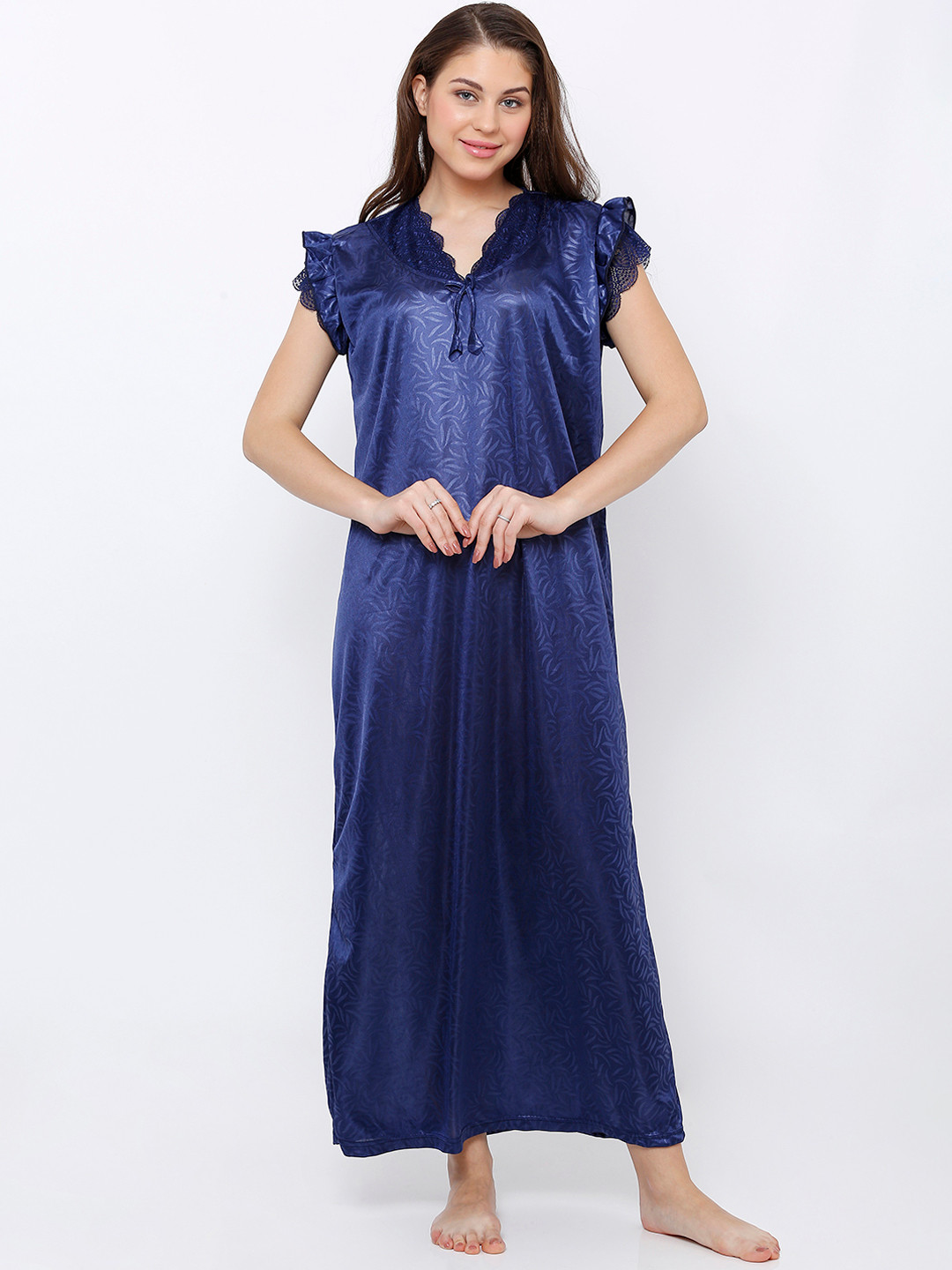

Pretty Awesome Navy Blue Printed Maxi Nightdress