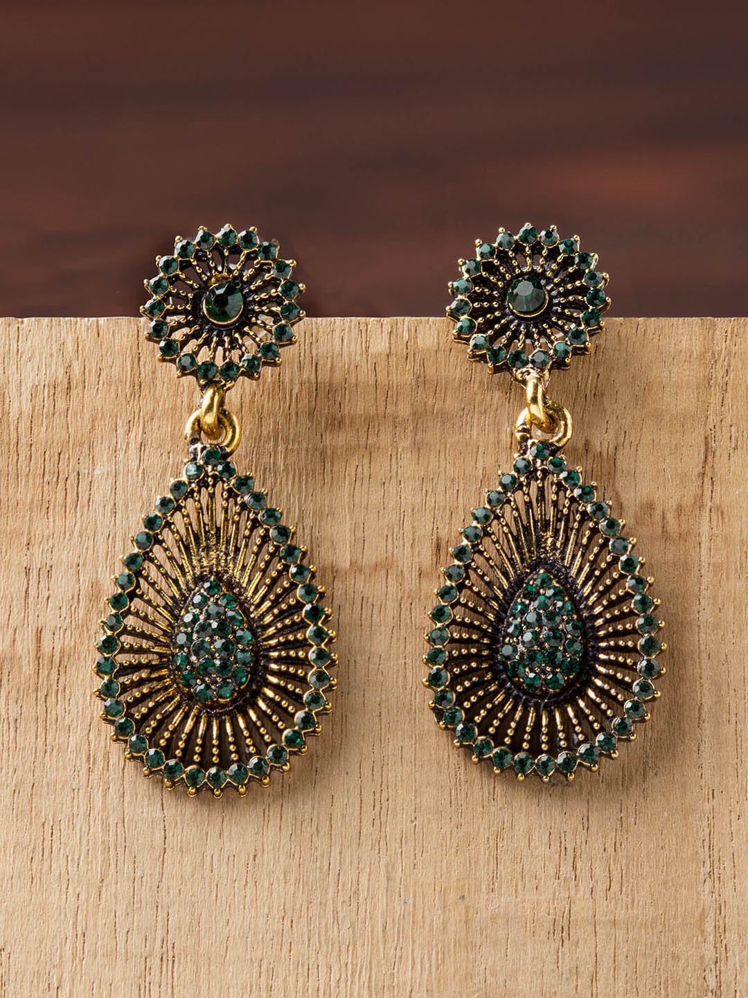 

E2O Antique Gold-Plated & Green Teardrop Shaped Drop Earrings