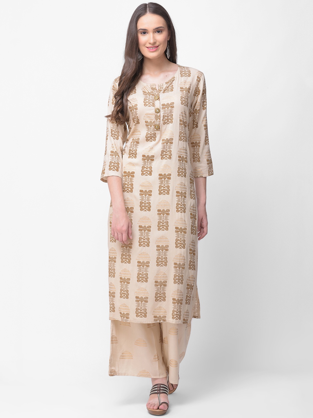 

aayusika Women Beige Printed Straight Kurta