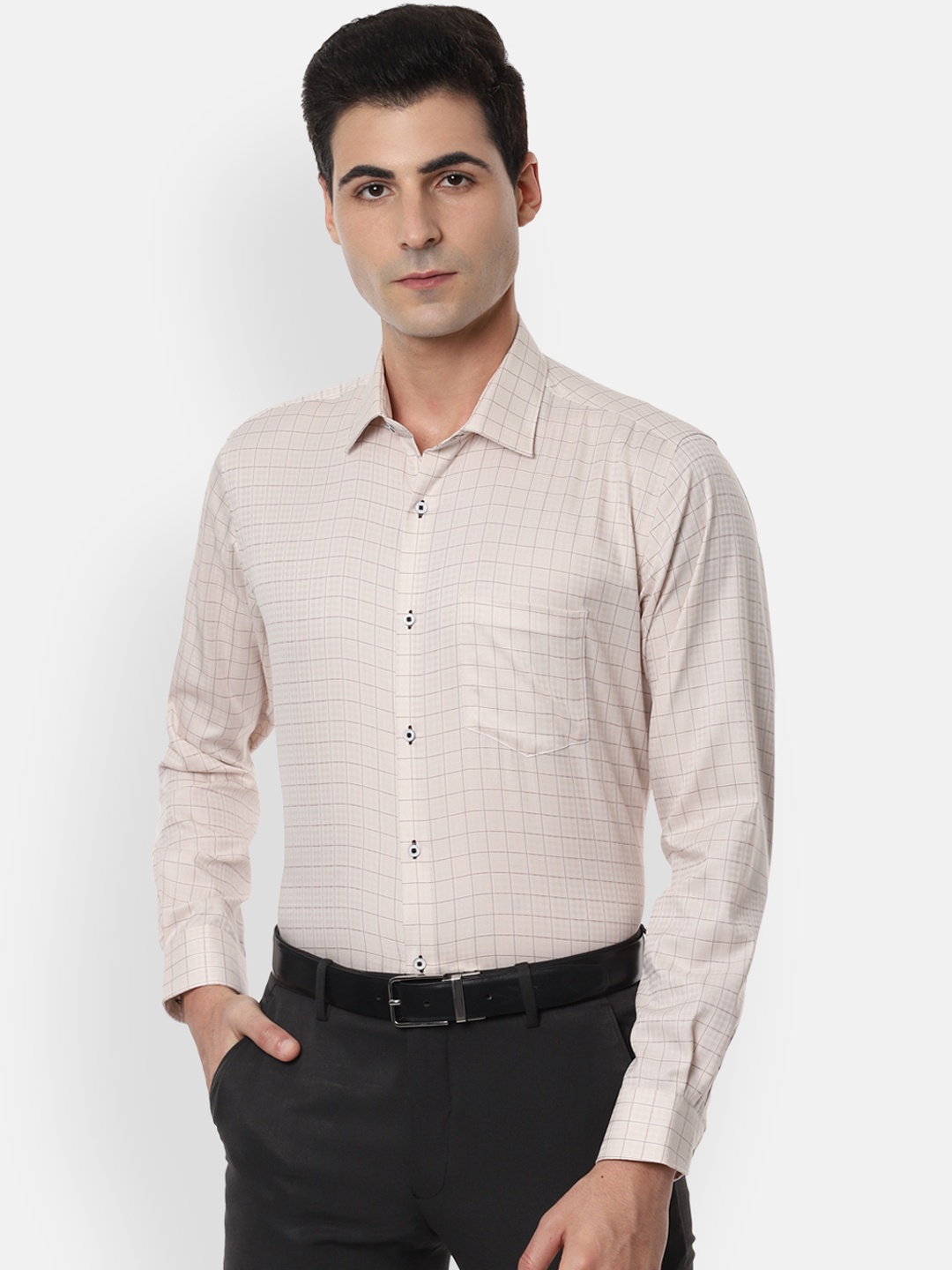 Van Heusen Men Beige Regular Fit Checked Formal Shirt