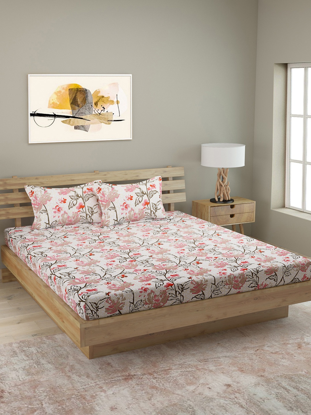

ROMEE Off-White & Pink Floral 180 TC Cotton 1 King Bedsheet with 2 Pillow Covers