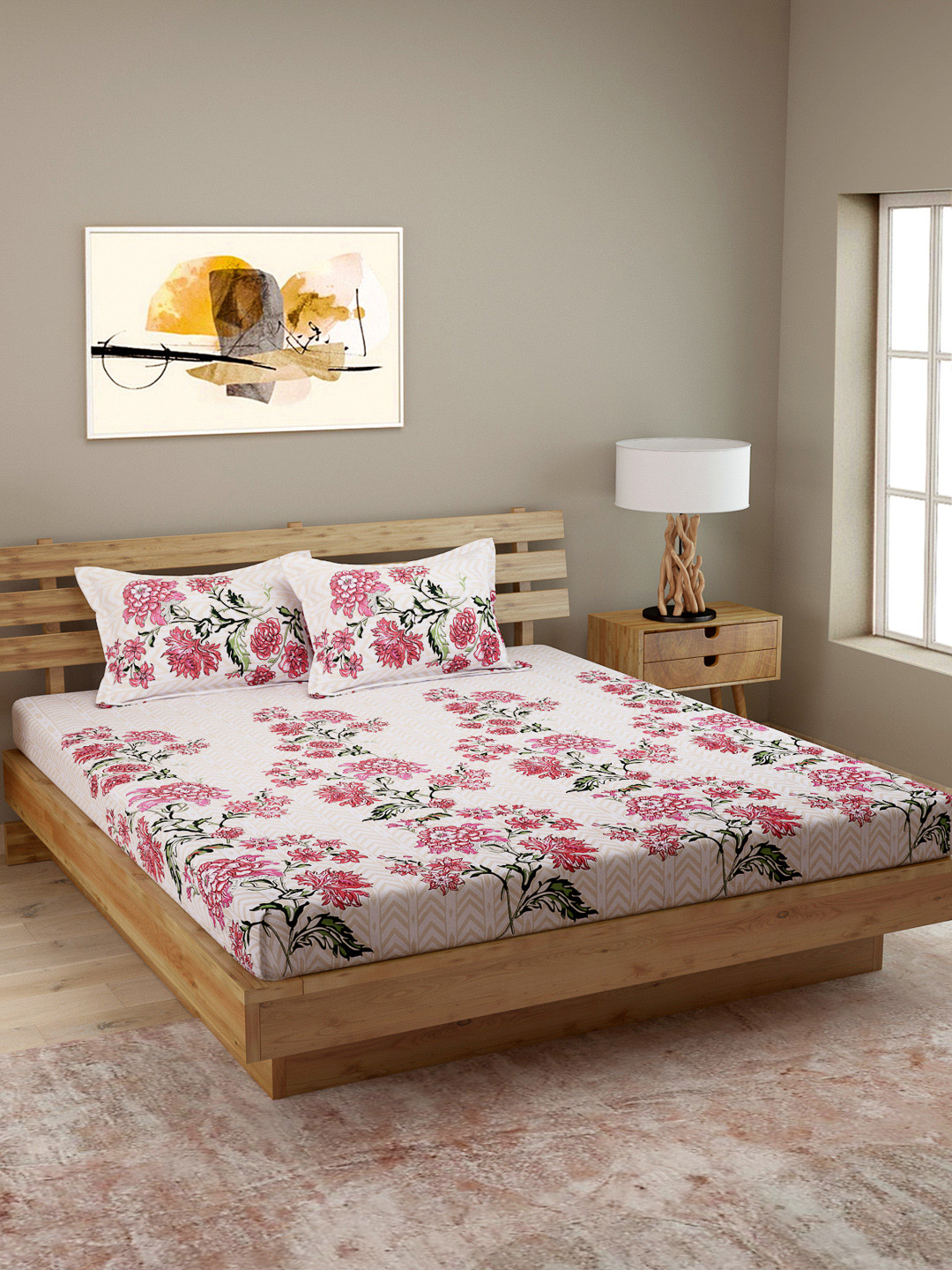 

ROMEE Off-White & Pink Floral 180 TC Cotton 1 King Bedsheet with 2 Pillow Covers