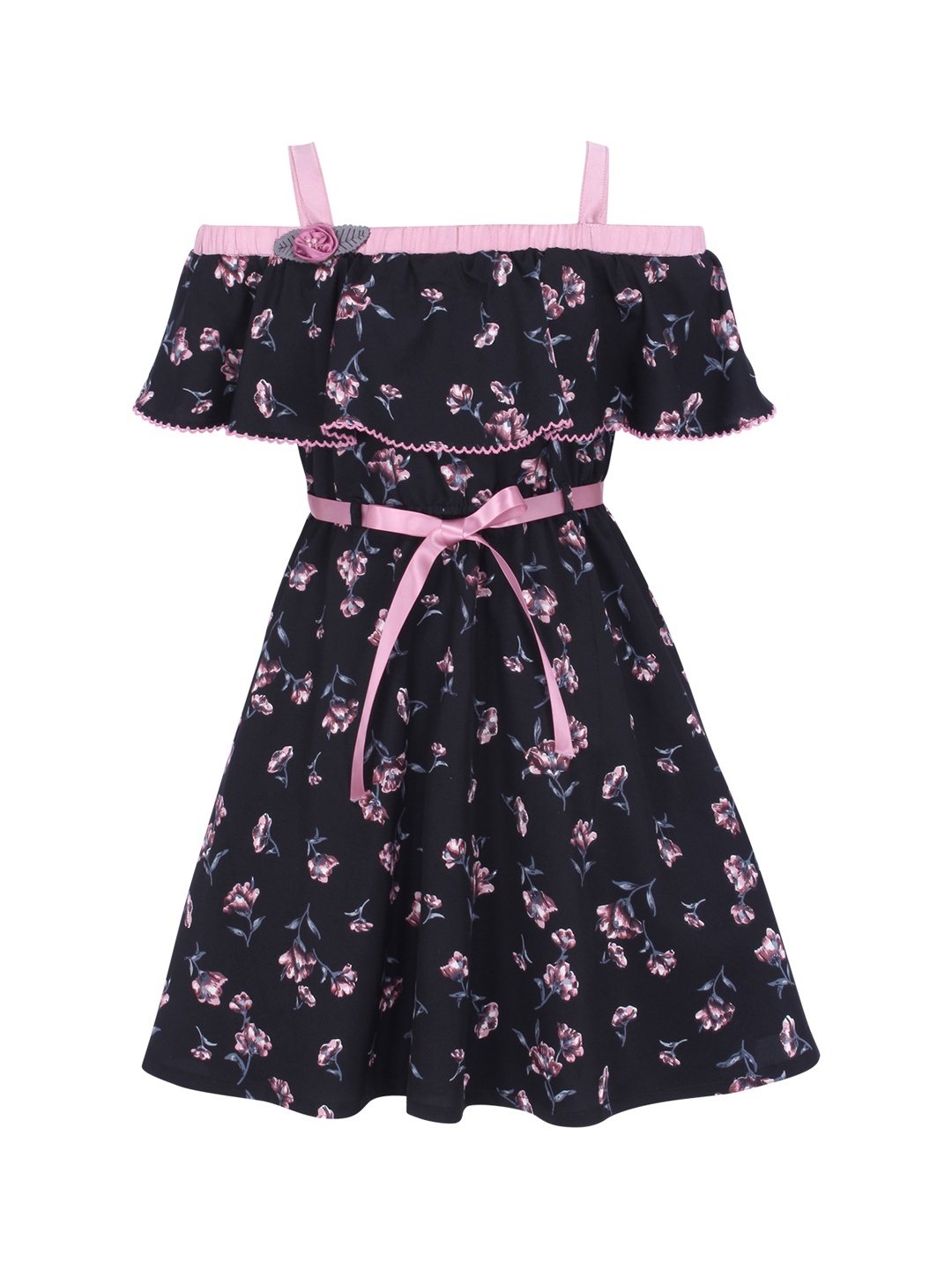 

CUTECUMBER Girls Navy Blue & Pink Printed Fit and Flare Dress