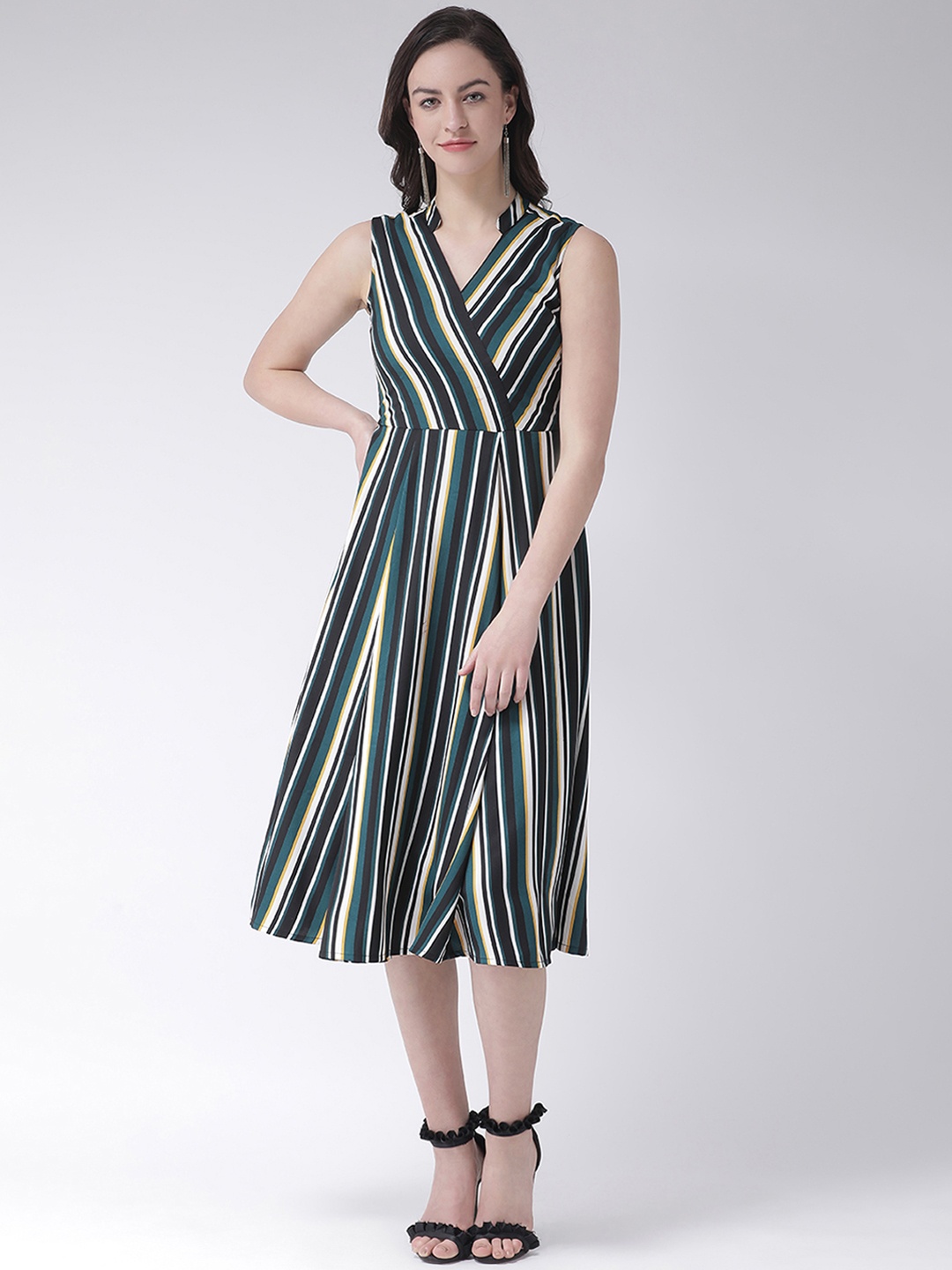 

Latin Quarters Women Green & Black Striped Wrap Dress