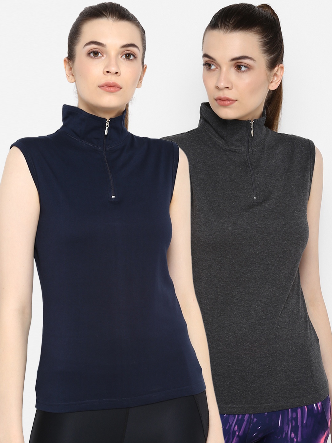 

appulse Women Pack of 2 Solid High Neck Sleeveless T-shirts, Grey