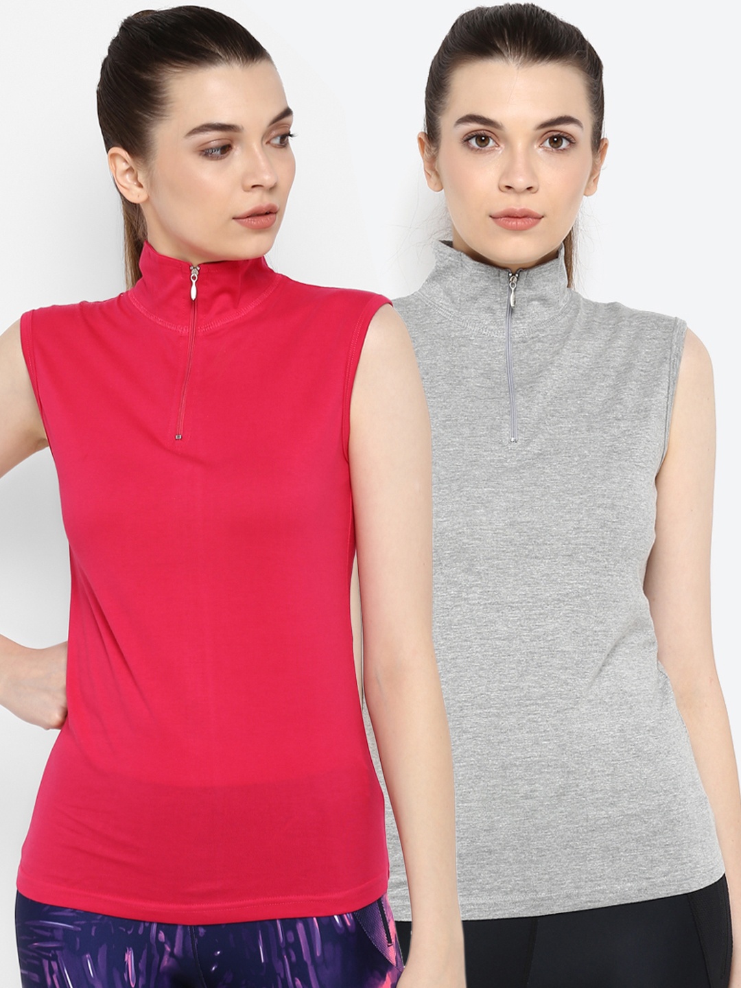 

appulse Women Pack of 2 Solid Mock Neck Slim Fit T-shirt, Pink