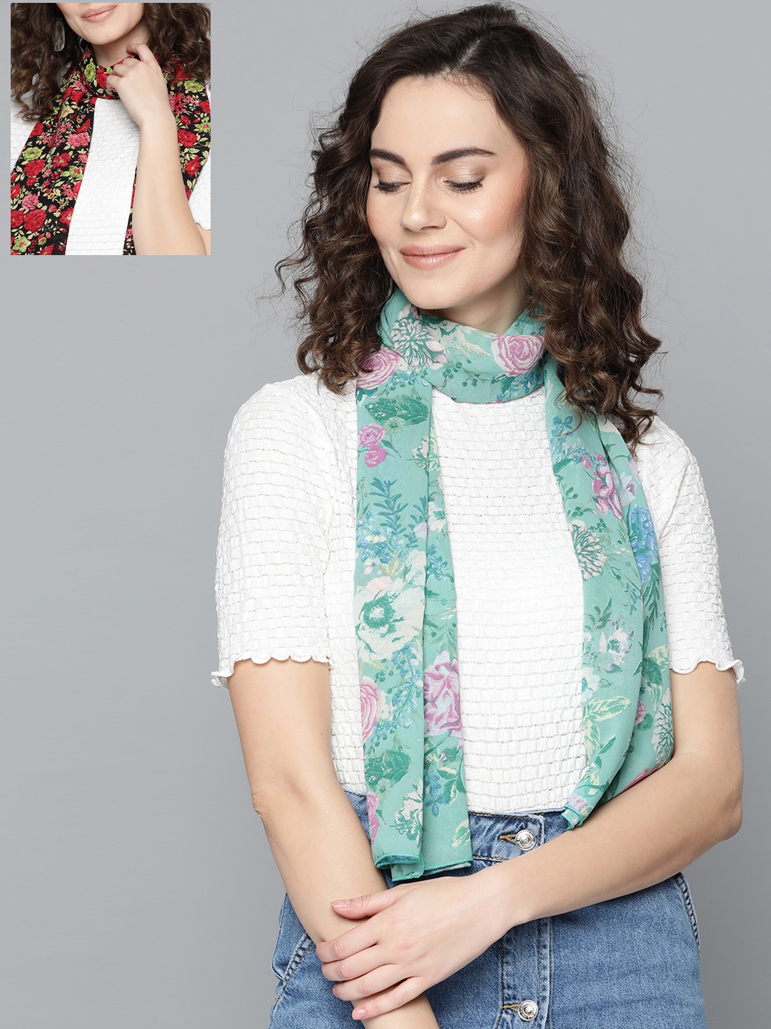 

Trend Arrest Women Pack Of 2 Sea Green & Red Printed Scarves