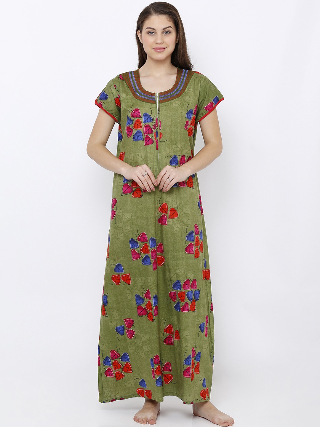 

Pretty Awesome Green & Pink Printed Maxi Nightdress
