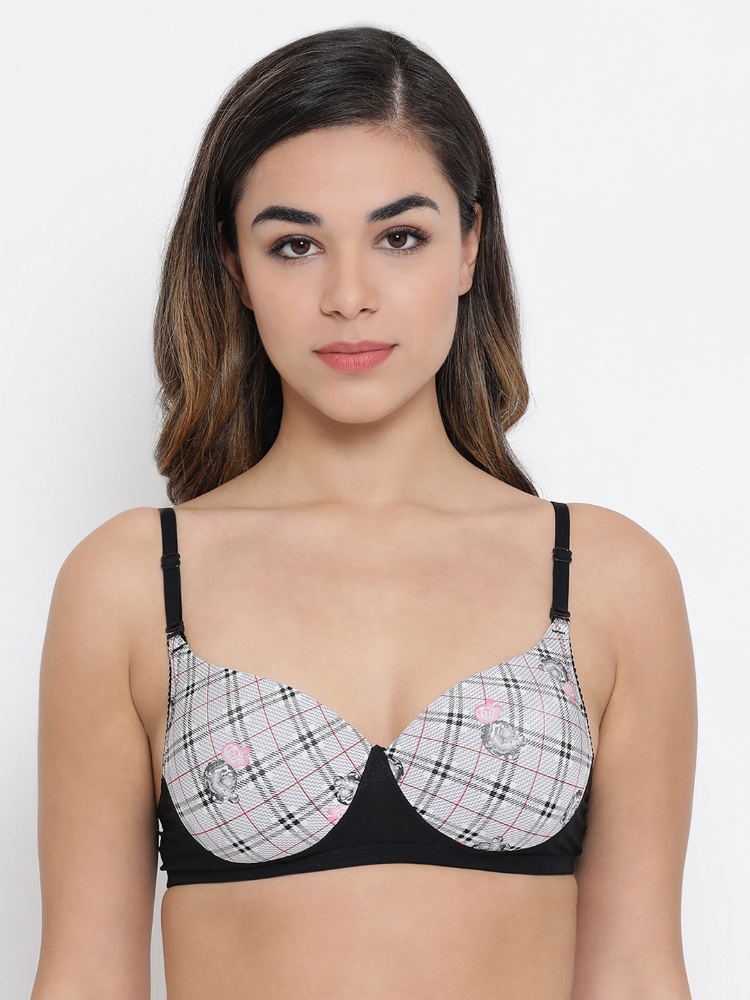 

Clovia Grey & Black Checked Non-Wired Lightly Padded Push-Up Bra BR2023P1332B