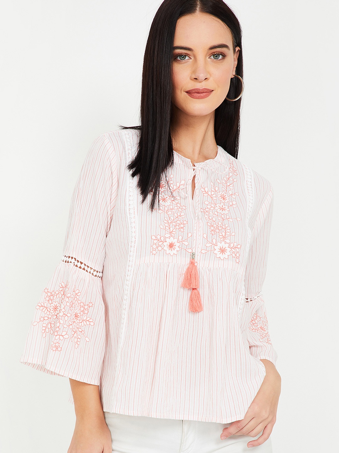 Fame Forever by Lifestyle Women Pink Embroidered Yoke Peplum Pure Cotton Top