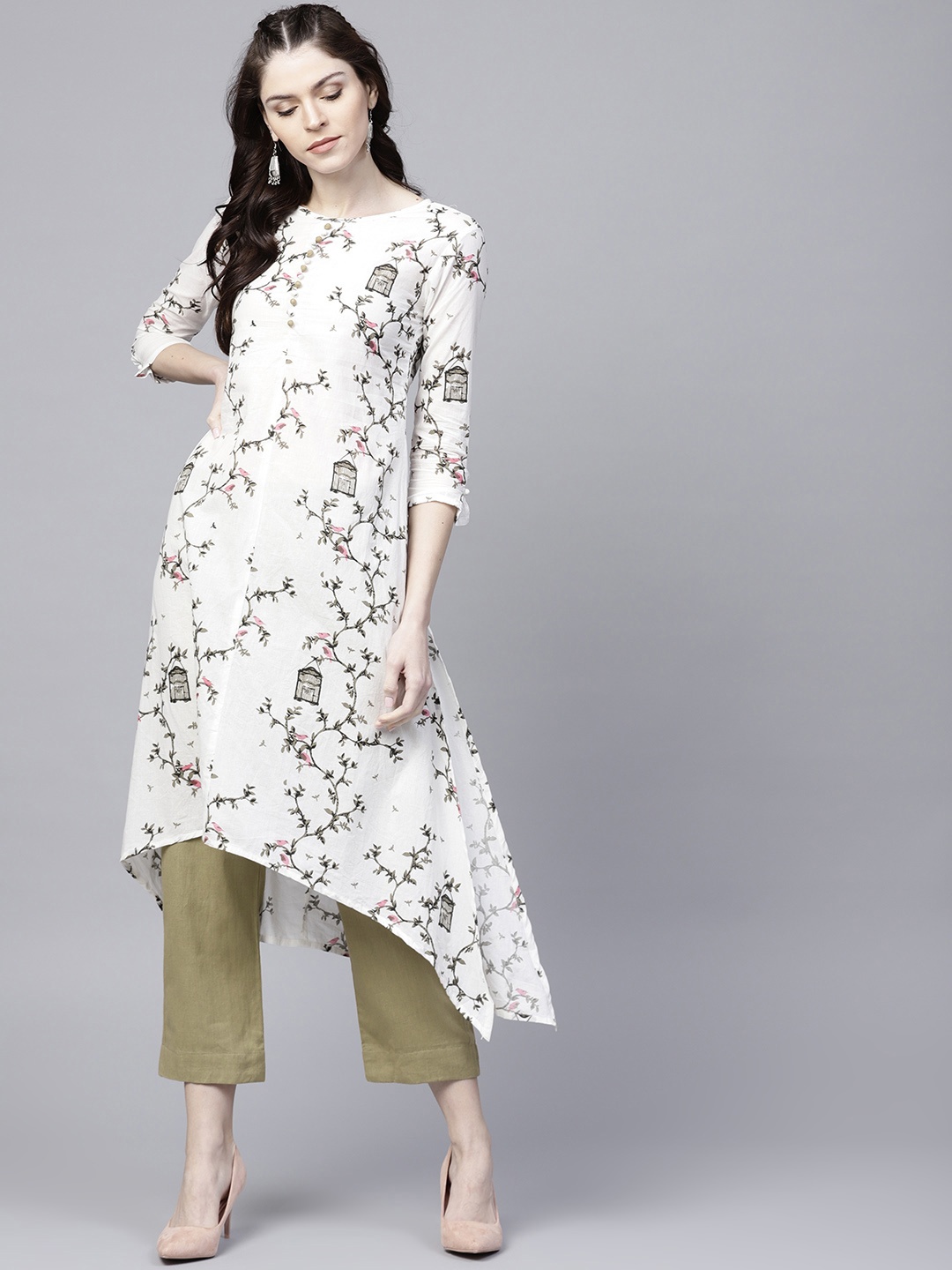 

Ishin Women White & Green Printed A-Line Kurta