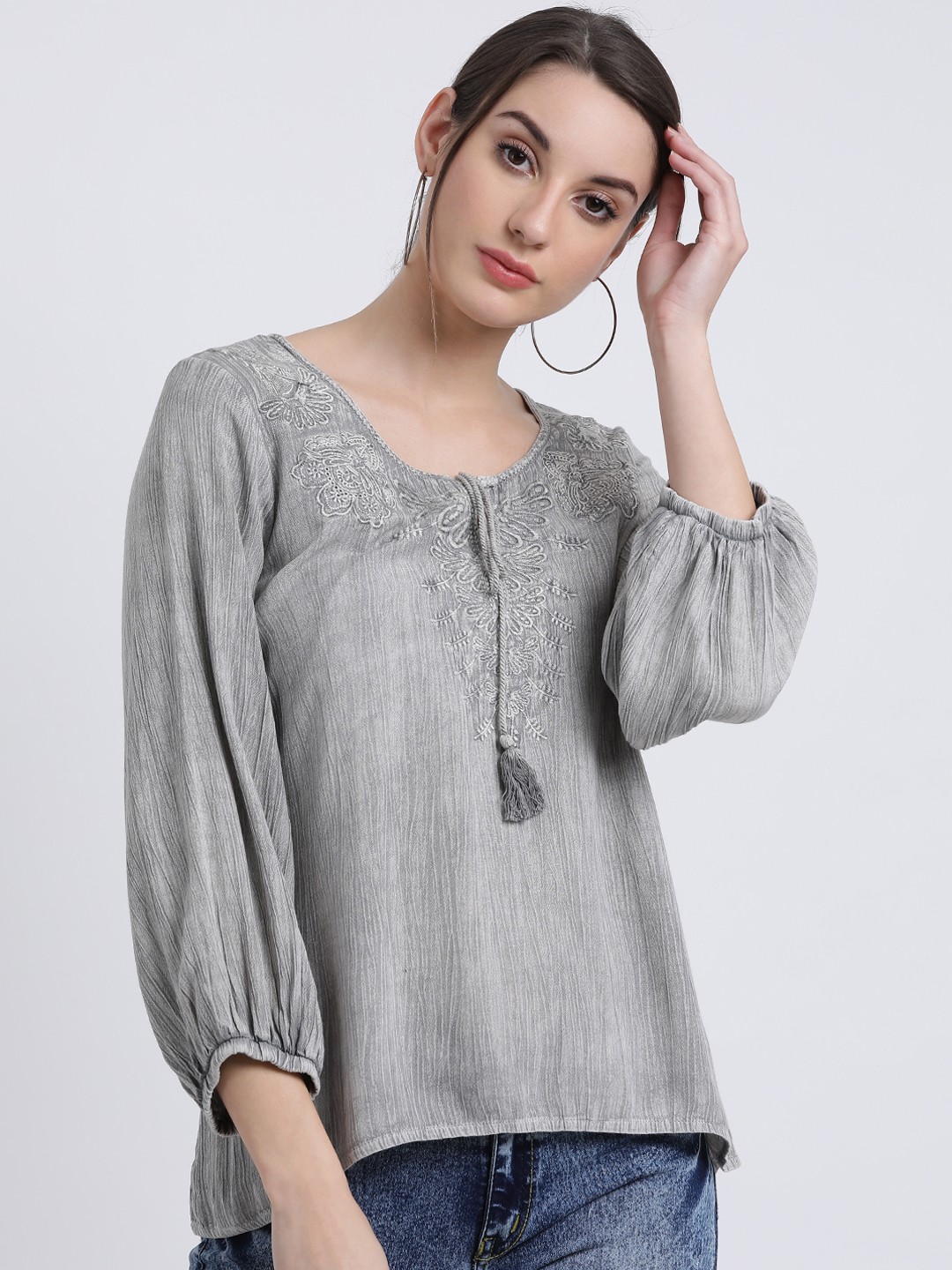 

Zink London Women Grey Embroidered Top