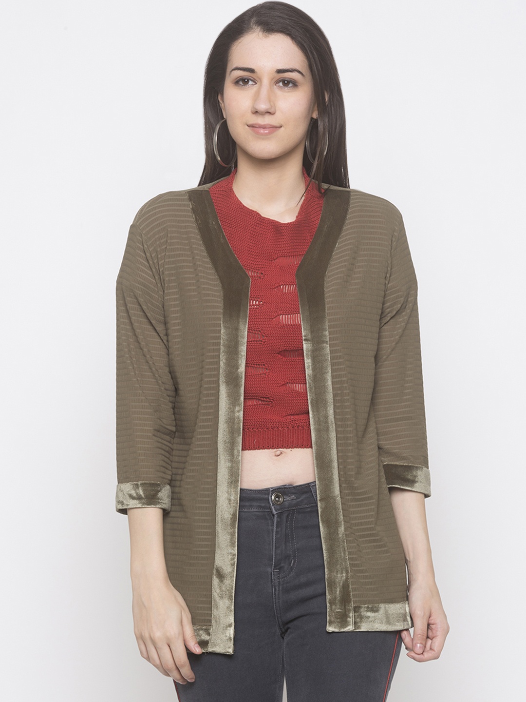 

Globus Women Olive Green Striped Open Front Shrug
