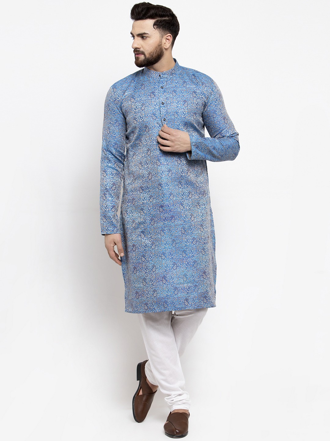 

Jompers Men Blue & White Woven Design Kurta with Churidar