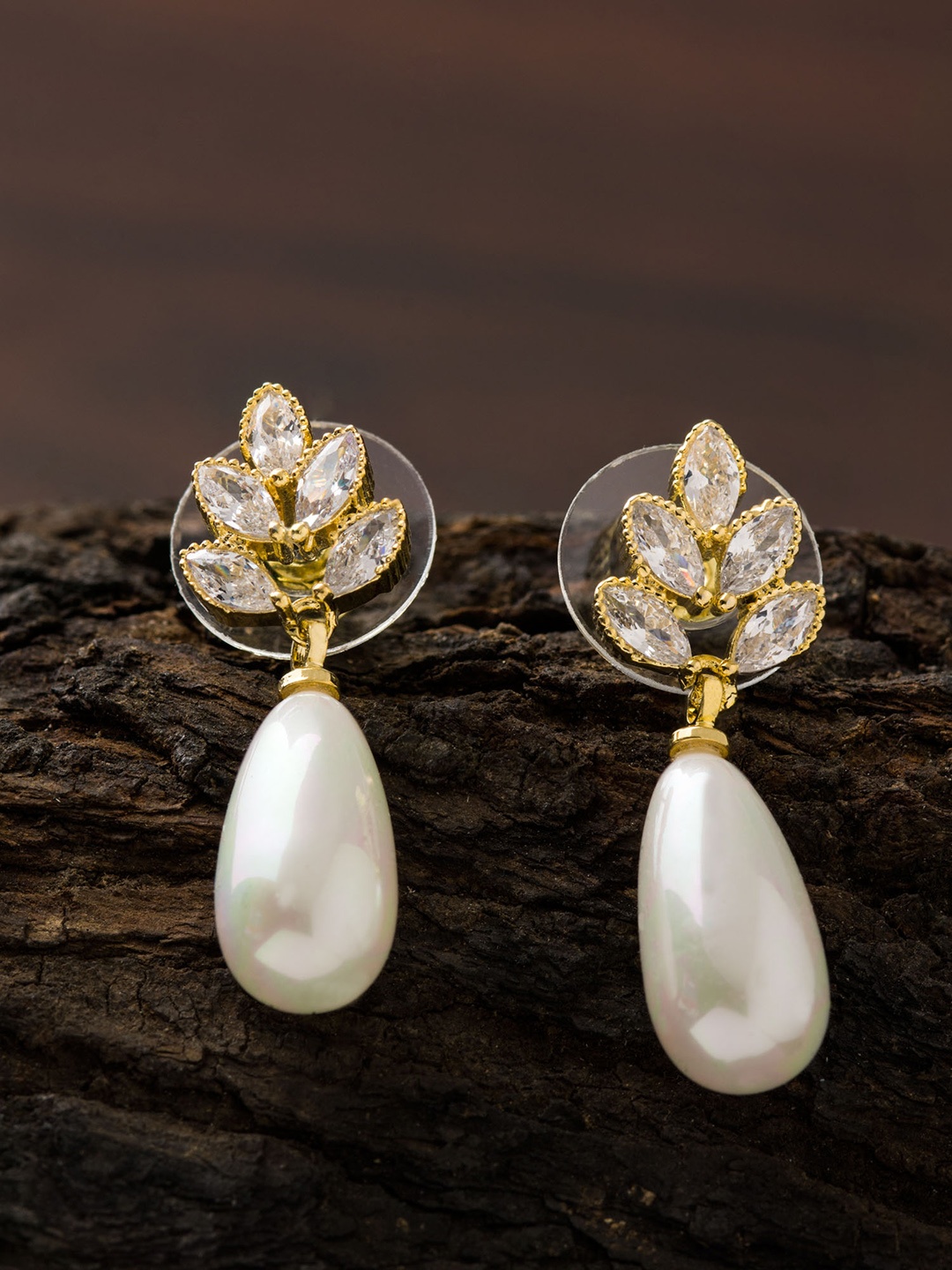

E2O Gold-Toned & White Teardrop Shaped Rhodium Plated Drop Earrings